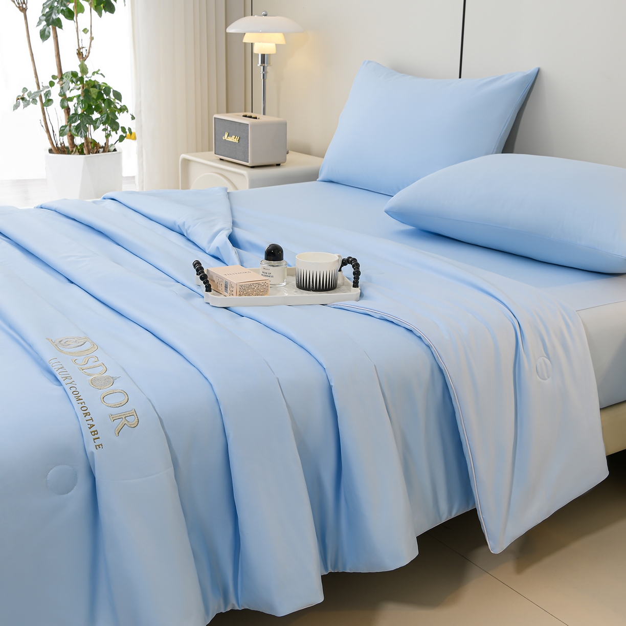 预言家纺 2026新款水洗冰丝床笠款夏被四件套空调被跨境外贸床笠款 慕斯星空蓝