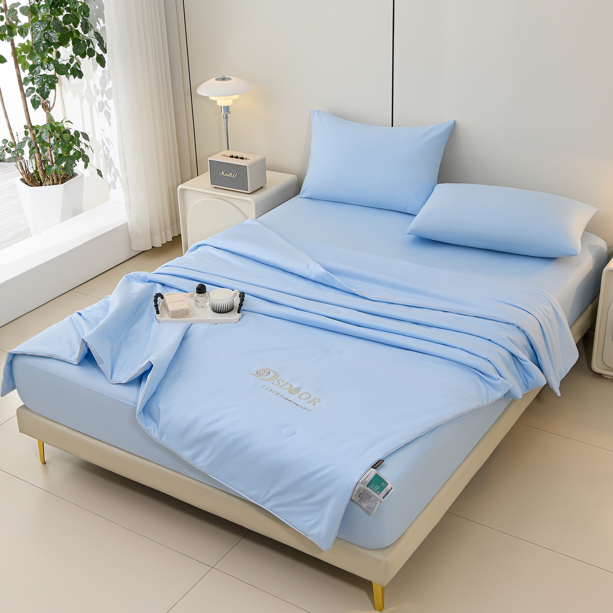 91家纺网 家纺一手货源 找家纺 预言家纺 2026新款水洗冰丝床笠款夏被四件套空调被跨境外贸床笠款 慕斯星空蓝