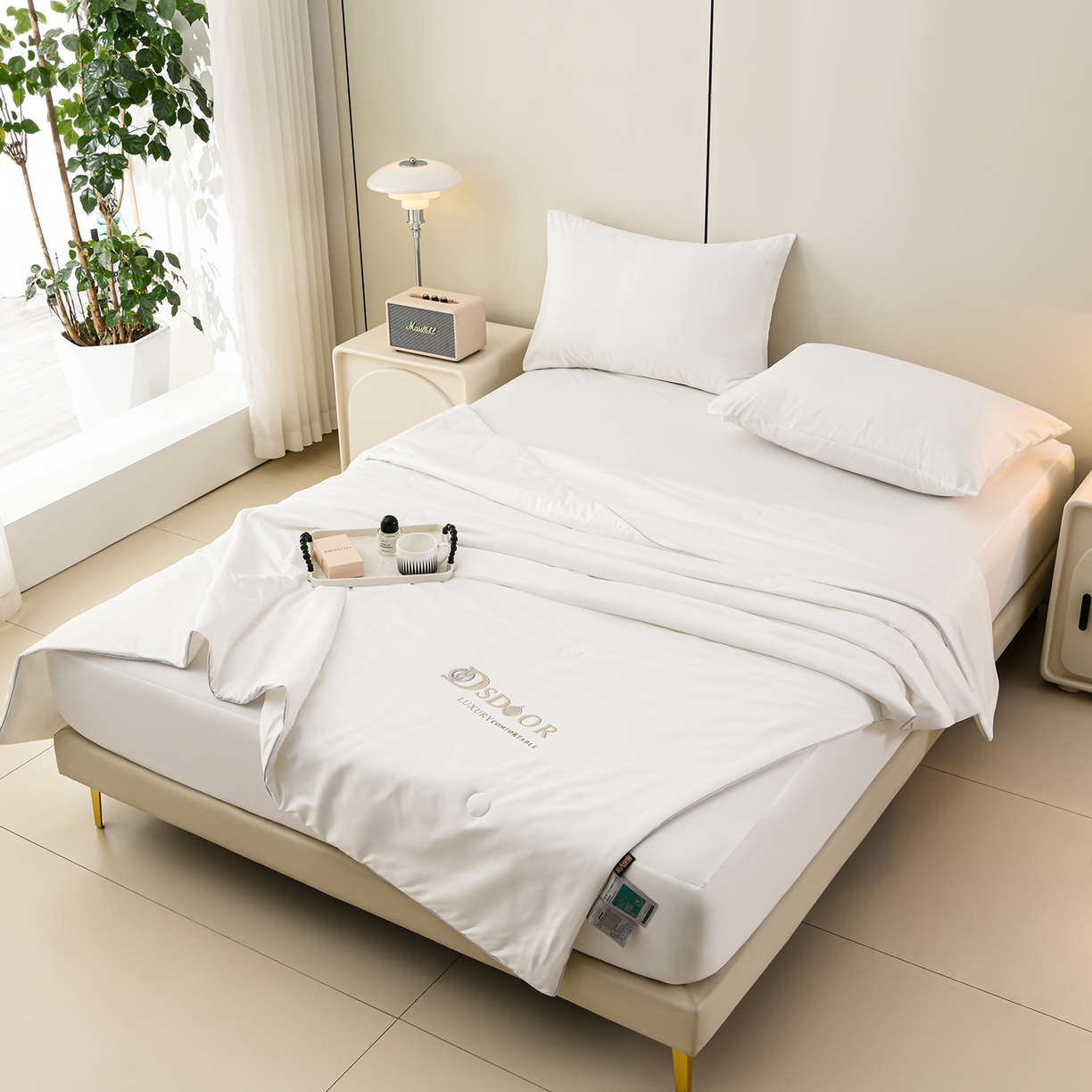 91家纺网 家纺一手货源 找家纺 预言家纺 2026新款水洗冰丝床笠款夏被四件套空调被跨境外贸床笠款 慕斯珍珠白