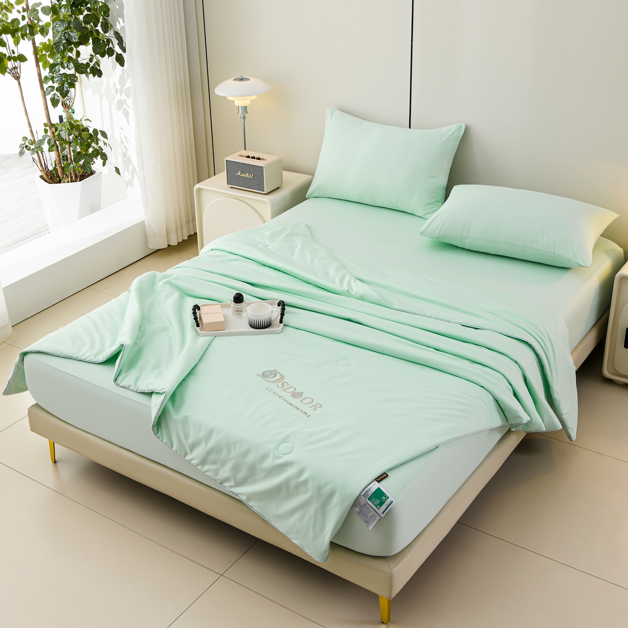 91家纺网 家纺一手货源 找家纺 预言家纺 2026新款水洗冰丝床笠款夏被四件套空调被跨境外贸床笠款 慕斯水绿