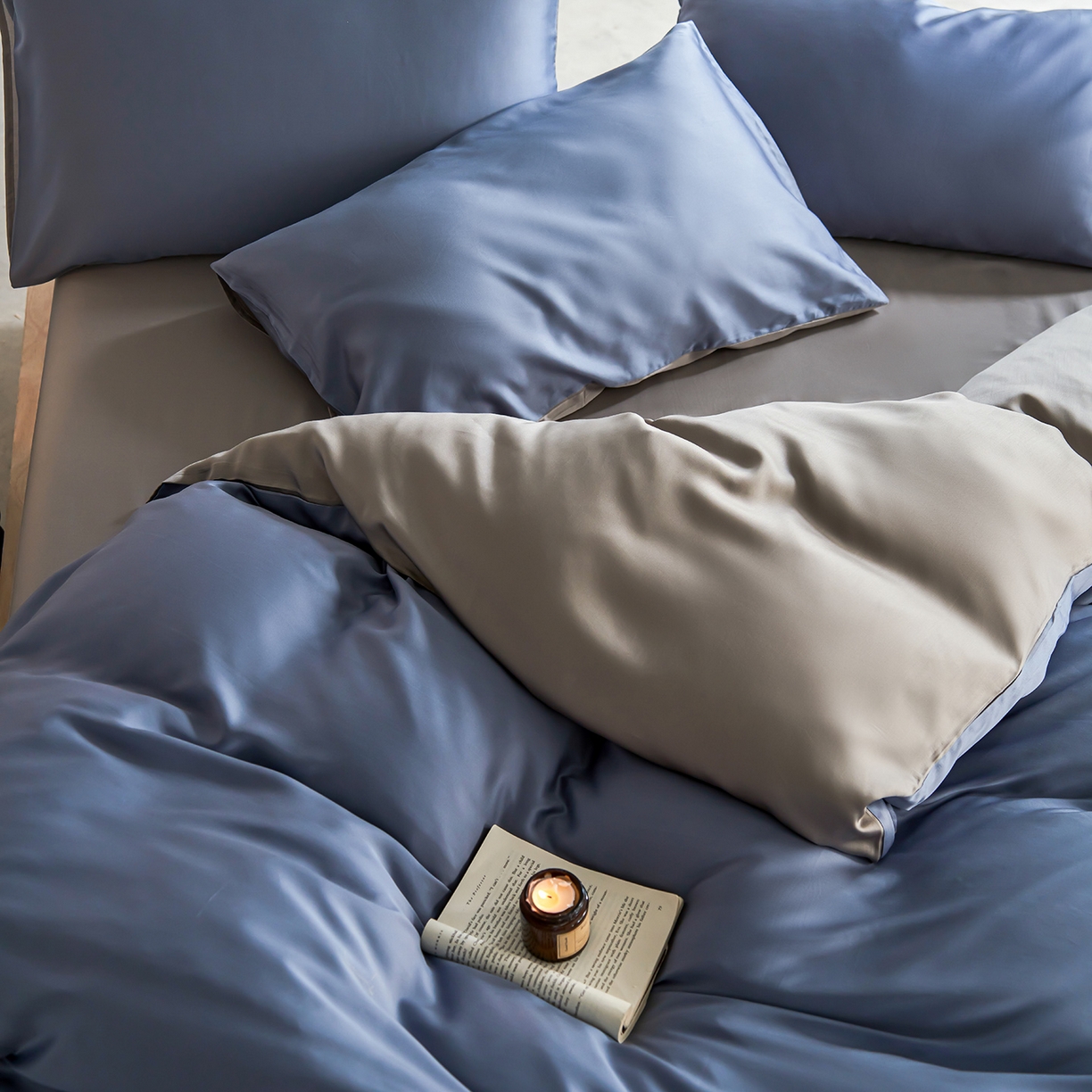 91家纺网 家纺一手货源 找家纺 轩和家居 2026新款60支奥地利兰精天丝四件套 劳伦蓝+伯爵灰