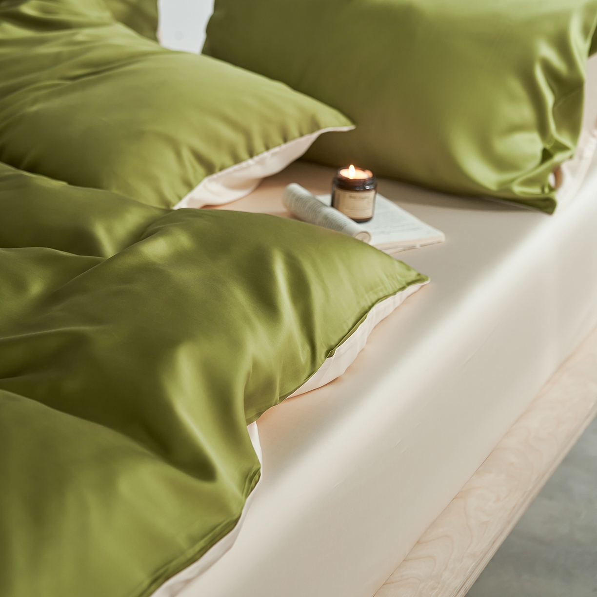 91家纺网 家纺一手货源 找家纺 轩和家居 2026新款60支奥地利兰精天丝四件套 豆蔻绿+奶酪黄