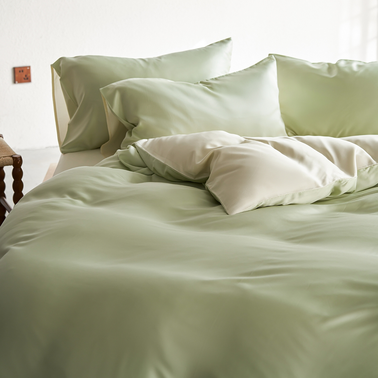 91家纺网 家纺一手货源 找家纺 轩和家居 2026新款60支奥地利兰精天丝四件套 若草色+伊丽莎白