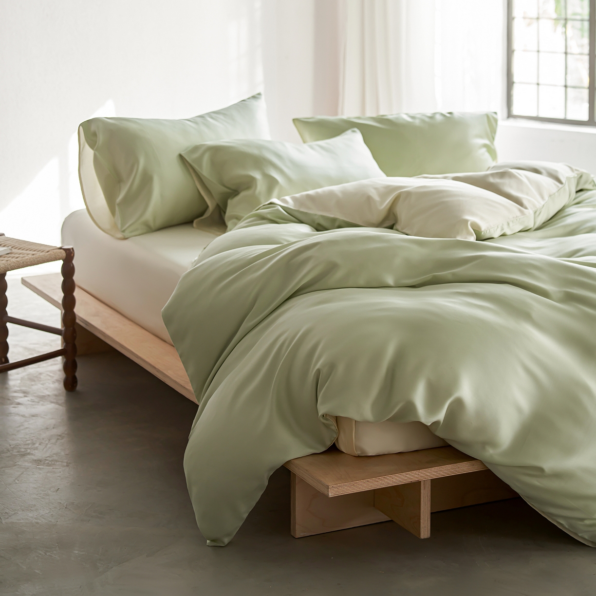 91家纺网 家纺一手货源 找家纺 轩和家居 2026新款60支奥地利兰精天丝四件套 若草色+伊丽莎白