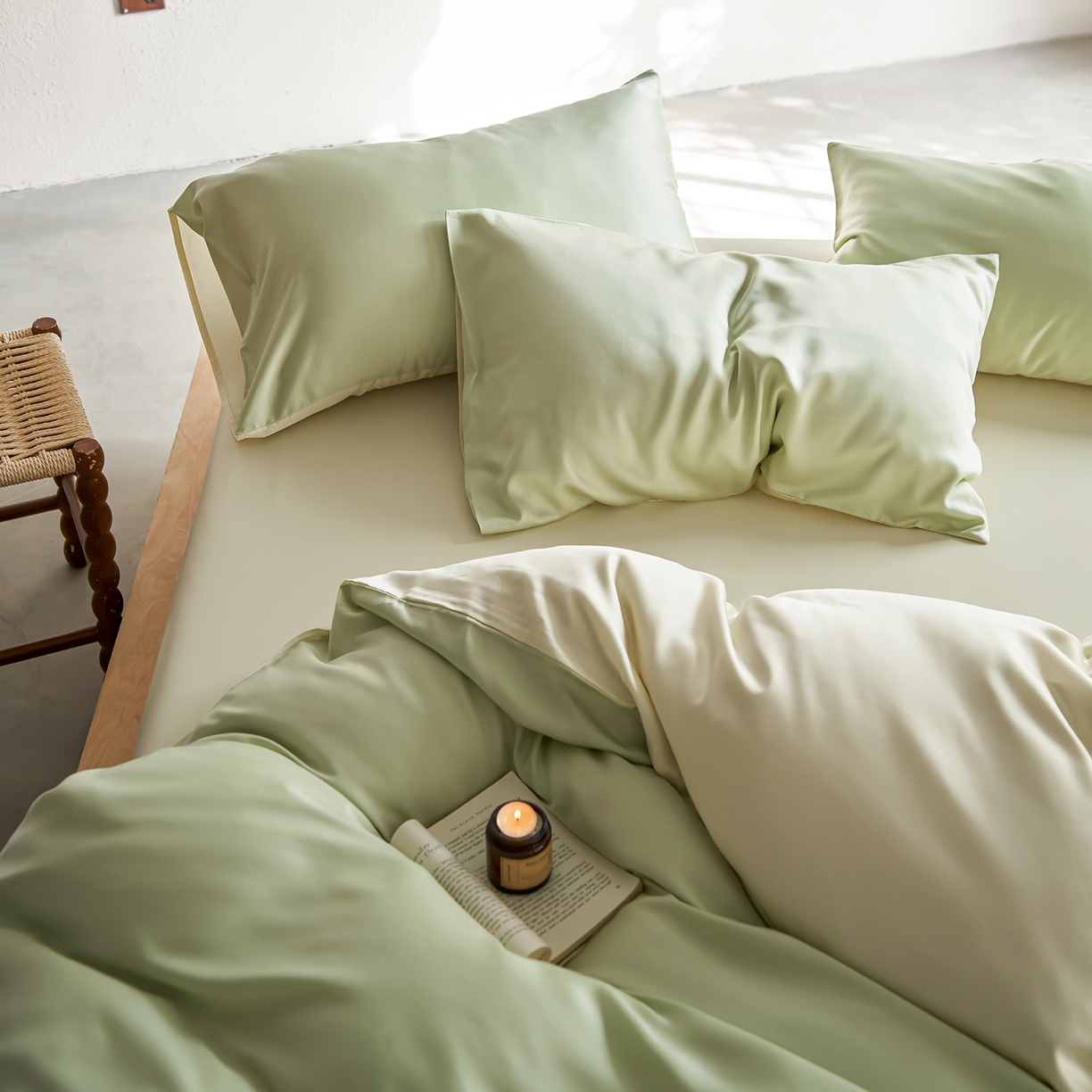 91家纺网 家纺一手货源 找家纺 轩和家居 2026新款60支奥地利兰精天丝四件套 若草色+伊丽莎白