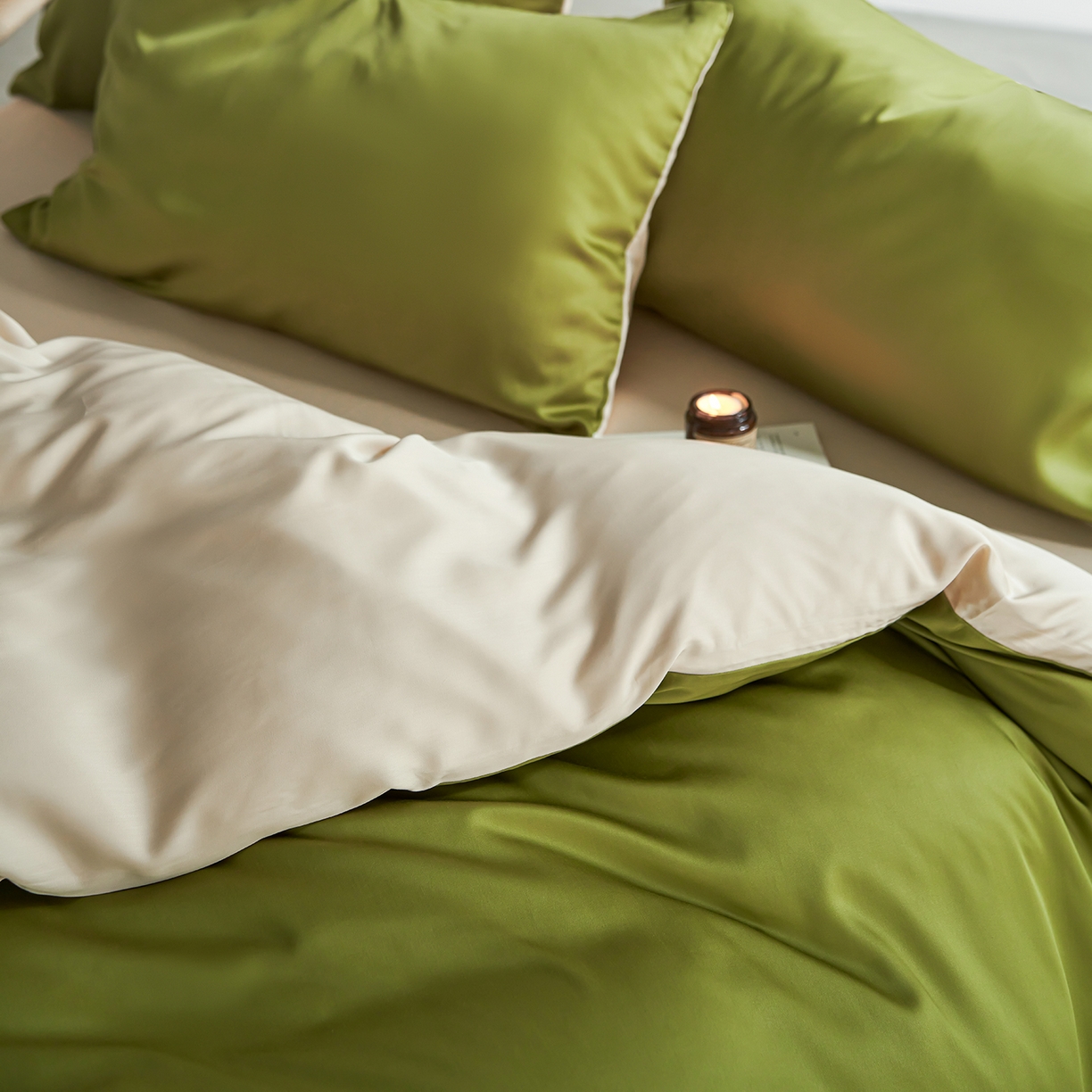 91家纺网 家纺一手货源 找家纺 轩和家居 2026新款60支奥地利兰精天丝四件套 豆蔻绿+奶酪黄