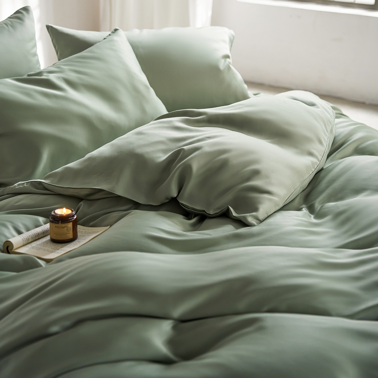 91家纺网 家纺一手货源 找家纺 轩和家居 2026新款60支奥地利兰精天丝四件套 春熙绿