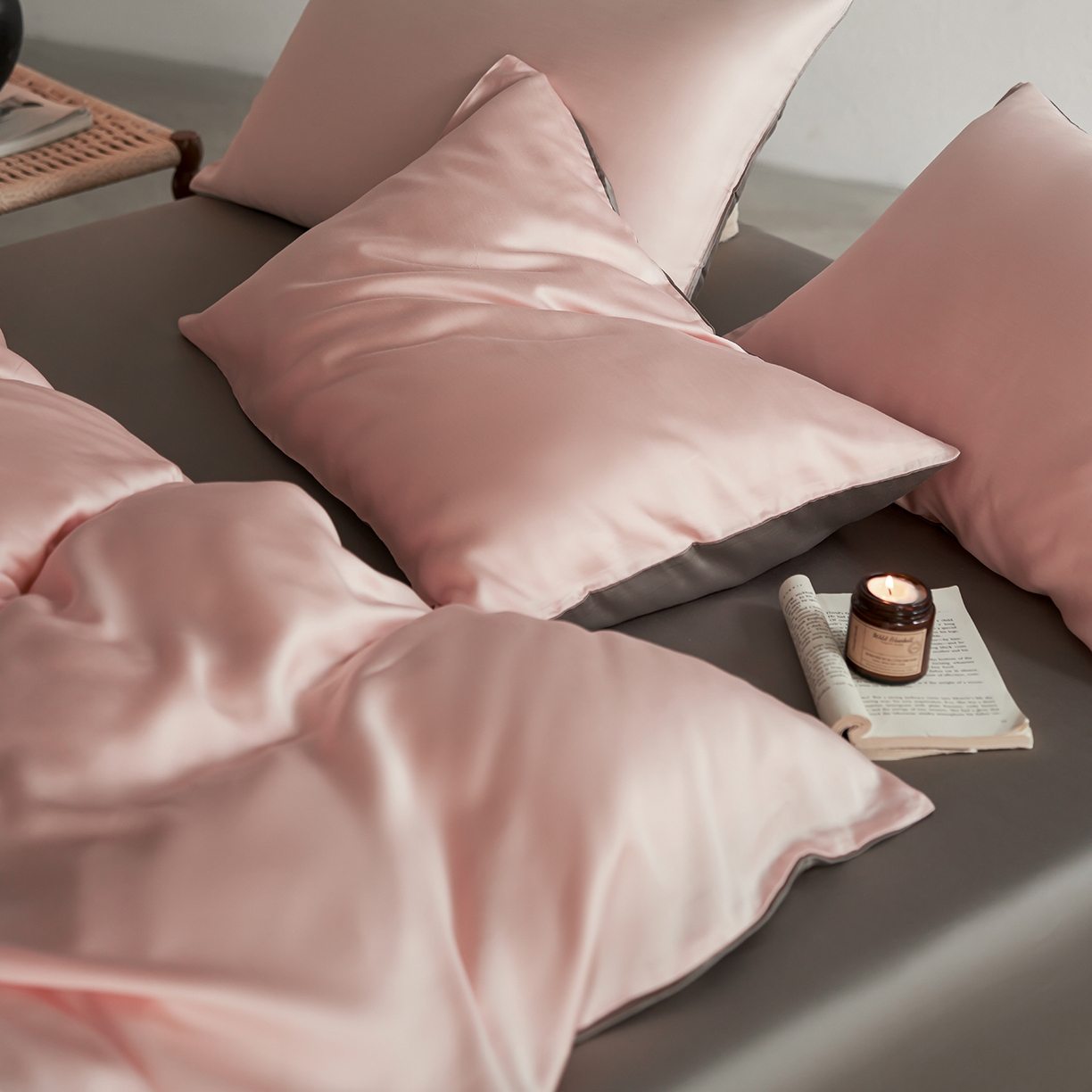 91家纺网 家纺一手货源 找家纺 轩和家居 2026新款60支奥地利兰精天丝四件套 告白粉+伯爵灰