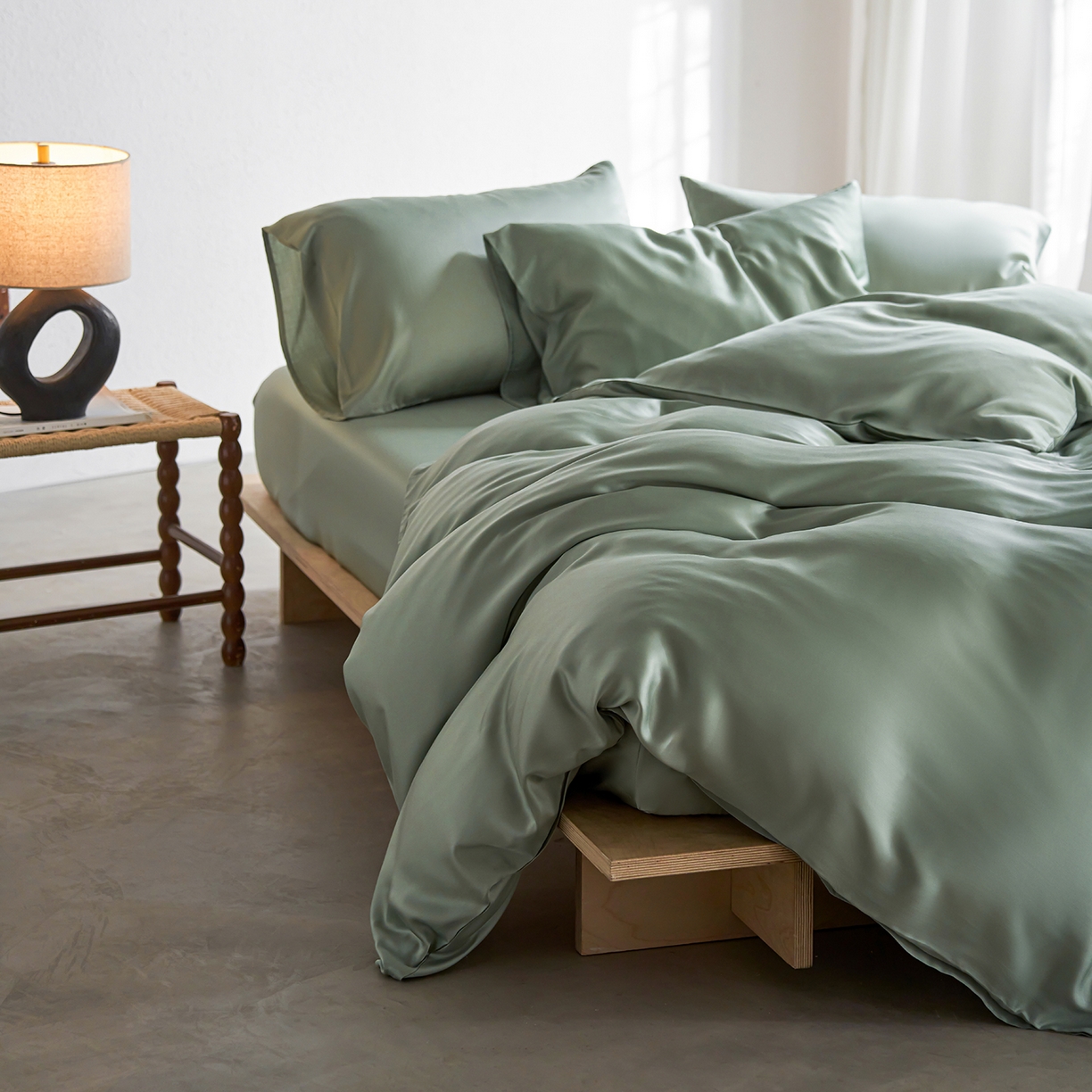 91家纺网 家纺一手货源 找家纺 轩和家居 2026新款60支奥地利兰精天丝四件套 春熙绿