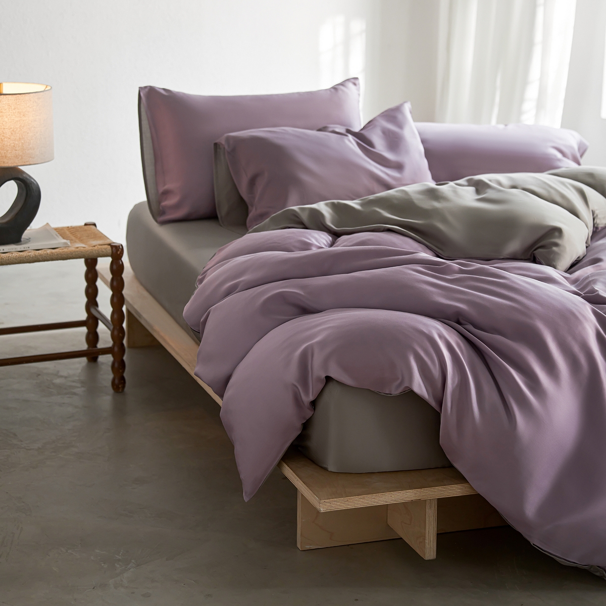 91家纺网 家纺一手货源 找家纺 轩和家居 2026新款60支奥地利兰精天丝四件套 香气紫+伯爵灰