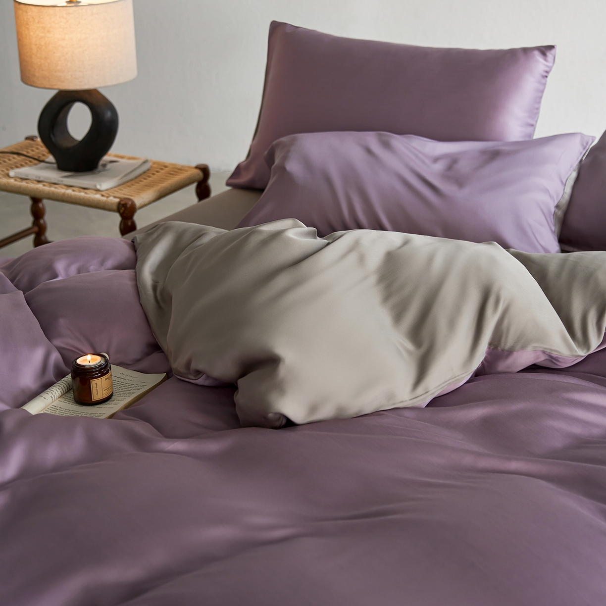 91家纺网 家纺一手货源 找家纺 轩和家居 2026新款60支奥地利兰精天丝四件套 香气紫+伯爵灰