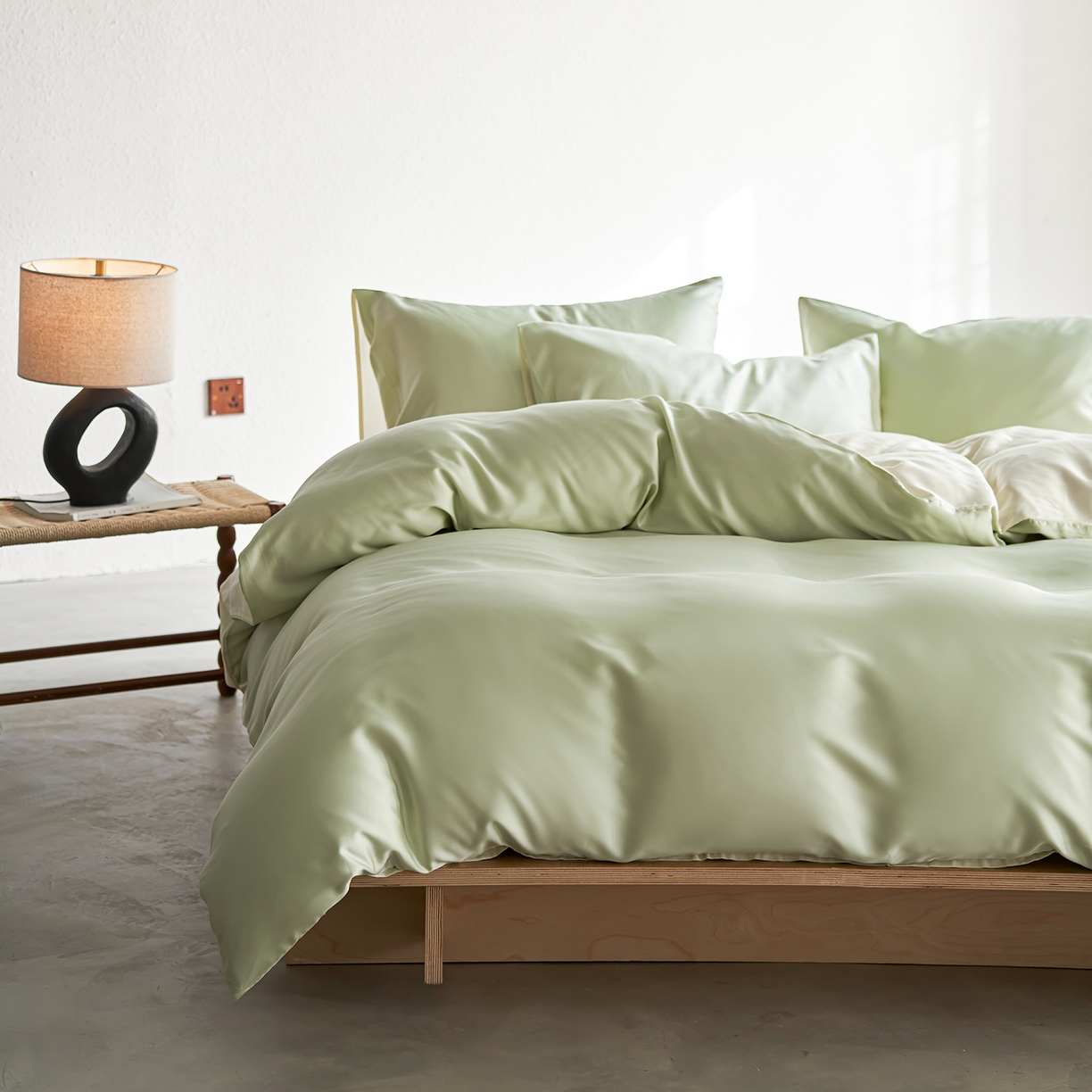 91家纺网 家纺一手货源 找家纺 轩和家居 2026新款60支奥地利兰精天丝四件套 若草色+伊丽莎白