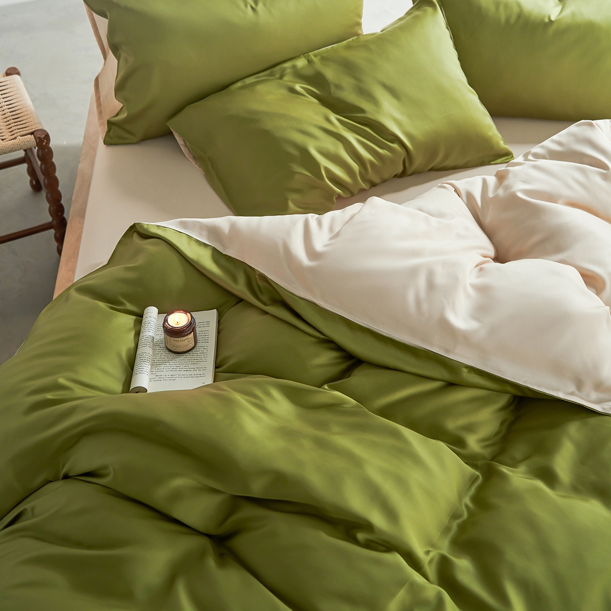 91家纺网 家纺一手货源 找家纺 轩和家居 2026新款60支奥地利兰精天丝四件套 豆蔻绿+奶酪黄