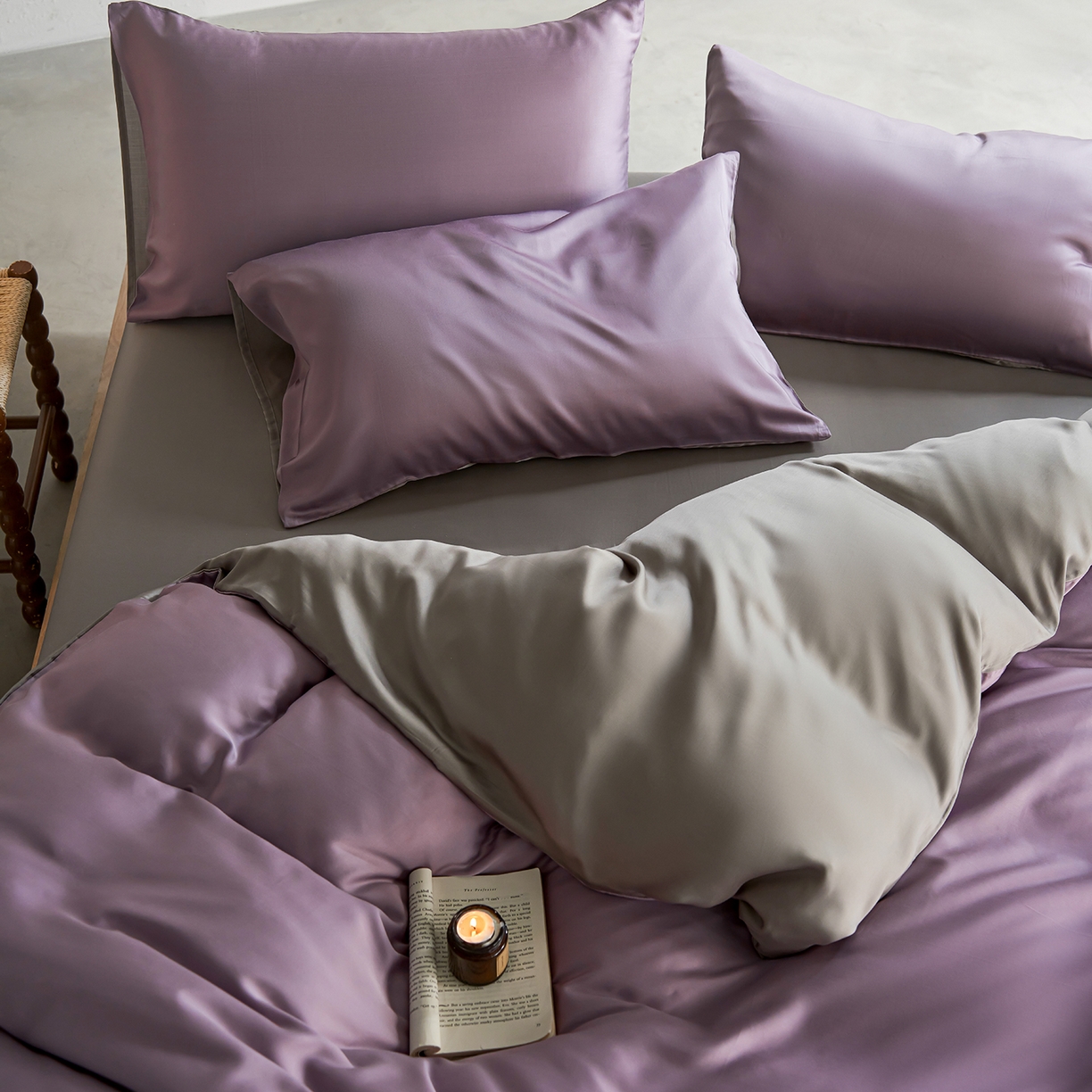 91家纺网 家纺一手货源 找家纺 轩和家居 2026新款60支奥地利兰精天丝四件套 香气紫+伯爵灰