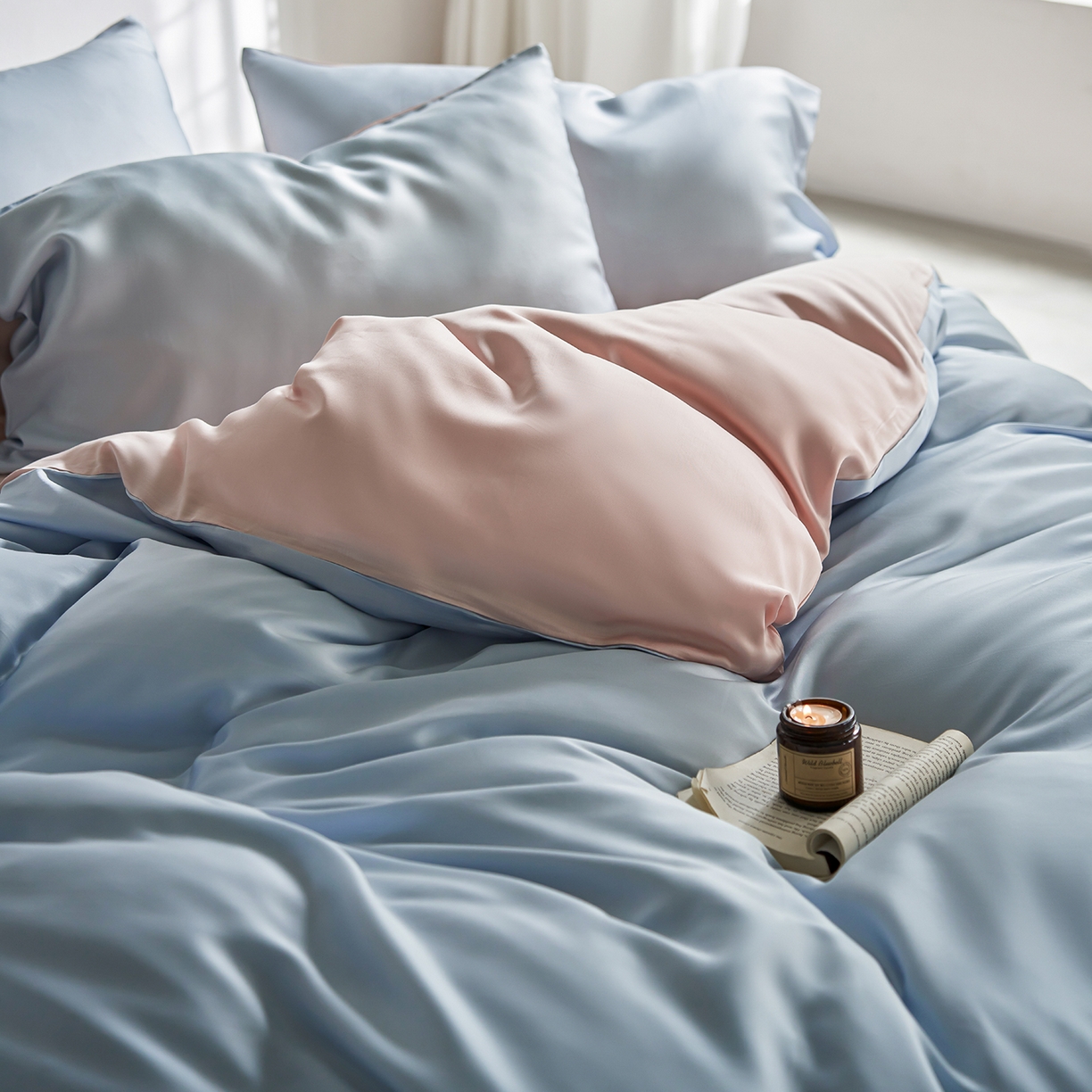 91家纺网 家纺一手货源 找家纺 轩和家居 2026新款60支奥地利兰精天丝四件套 夏日蓝+告白粉