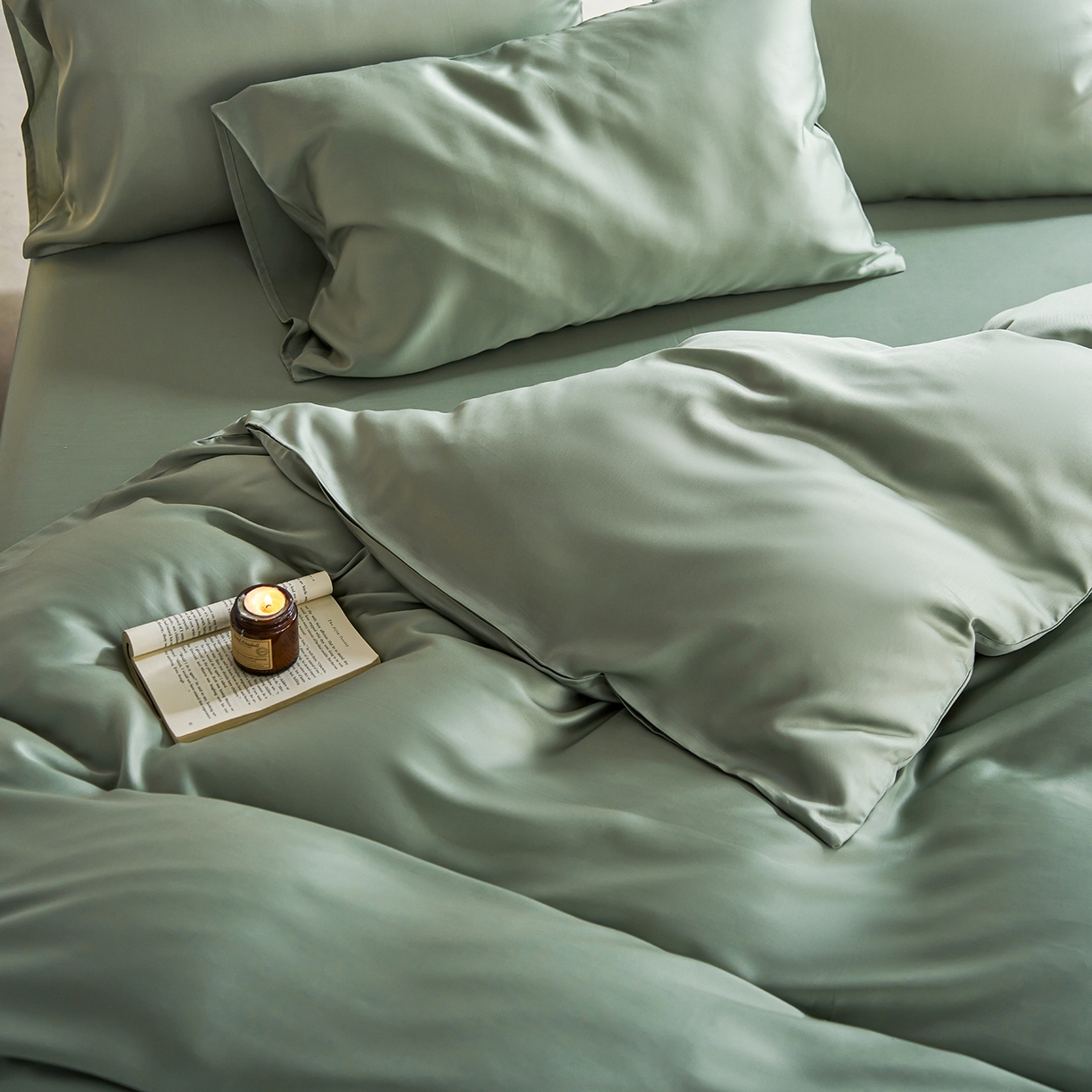 91家纺网 家纺一手货源 找家纺 轩和家居 2026新款60支奥地利兰精天丝四件套 春熙绿