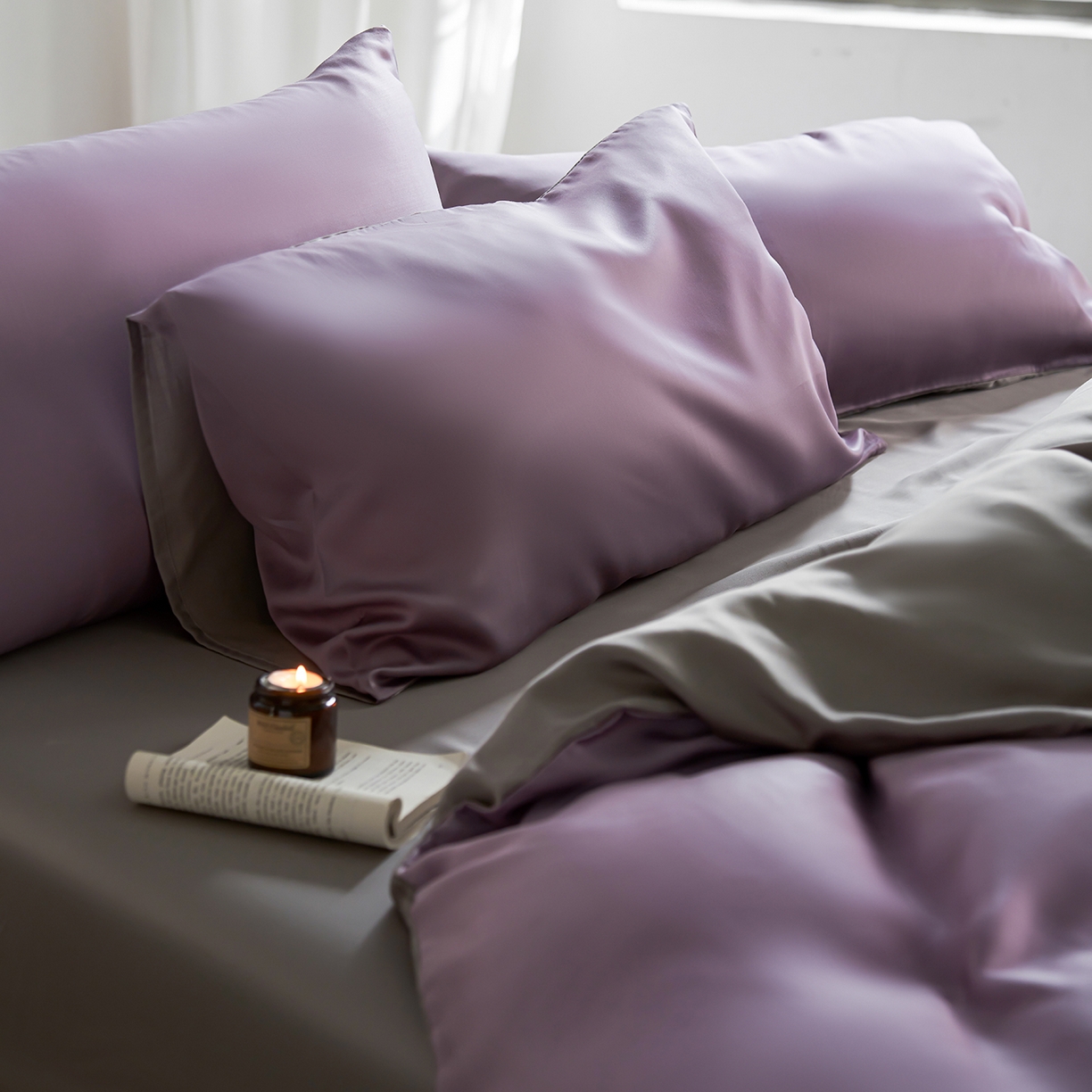 91家纺网 家纺一手货源 找家纺 轩和家居 2026新款60支奥地利兰精天丝四件套 香气紫+伯爵灰