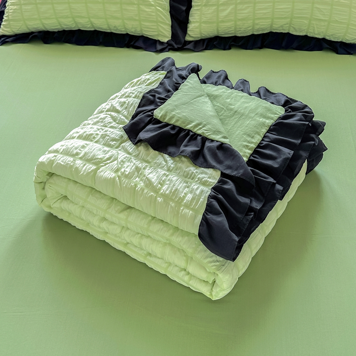 91家纺网 家纺一手货源 找家纺 优卡迪家纺馆 2026新款泡泡纱黑花边大豆夏被被子被芯下载文件包含买家秀 青柠蜜瓜