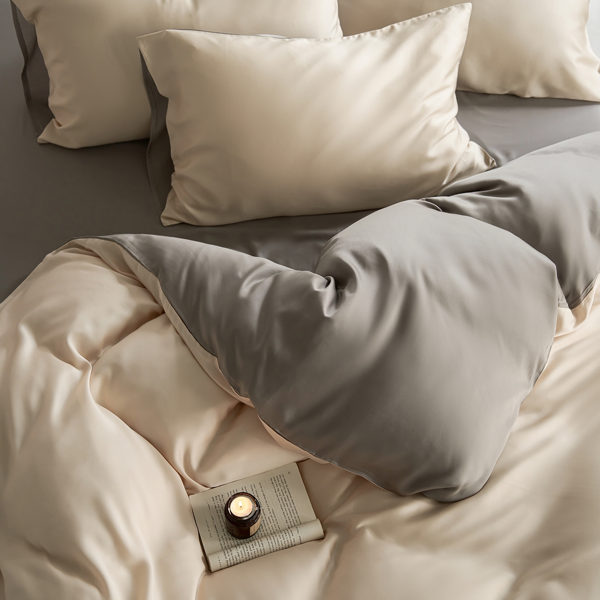 91家纺网 家纺一手货源 找家纺 轩和家居 2026新款60支奥地利兰精天丝四件套 奶酪黄+伯爵灰