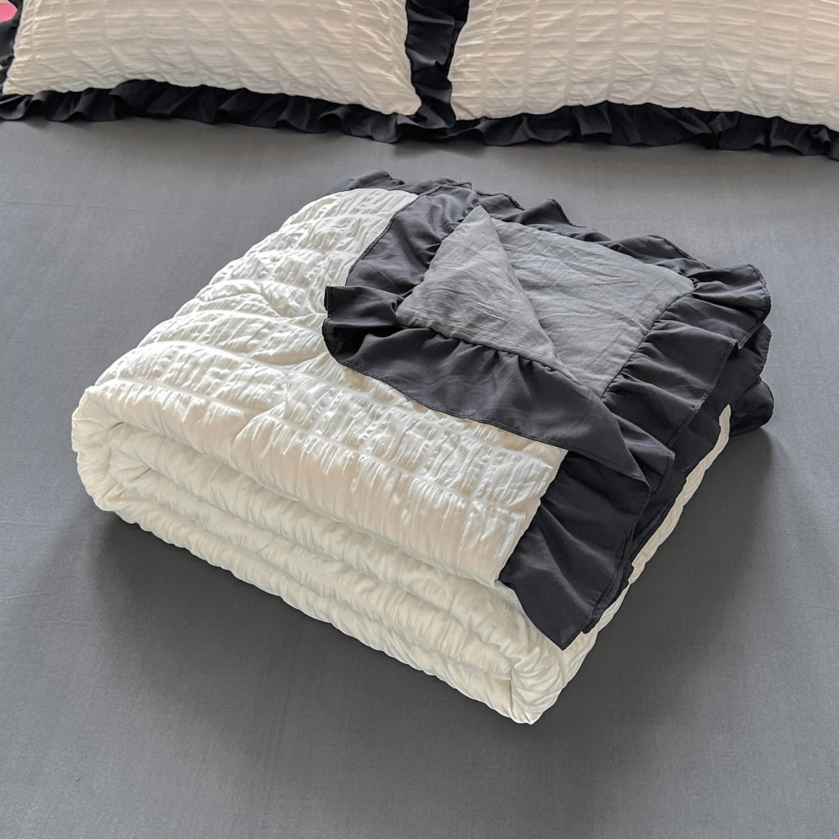 91家纺网 家纺一手货源 找家纺 优卡迪家纺馆 2026新款泡泡纱黑花边大豆夏被被子被芯下载文件包含买家秀 茉莉奶昔