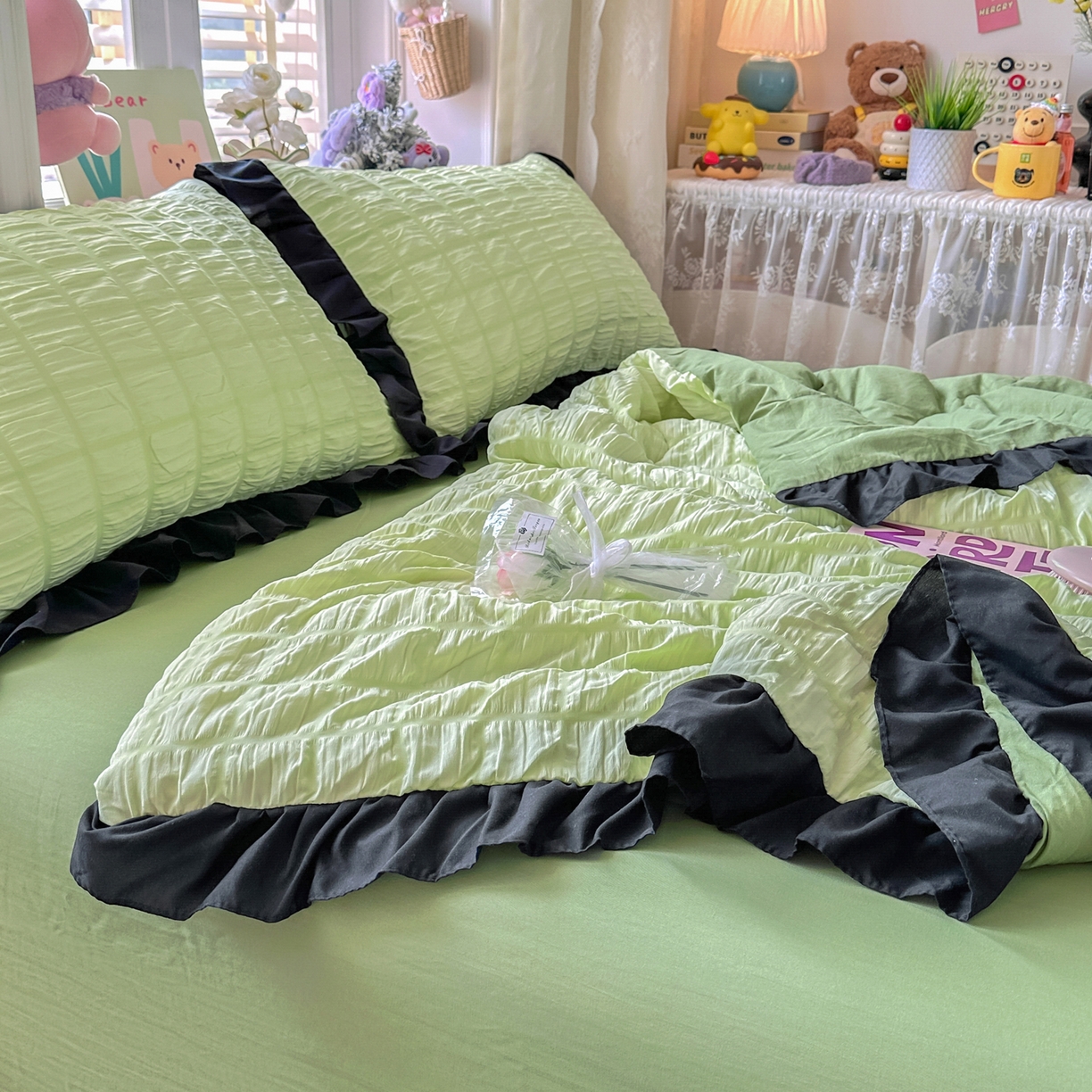 91家纺网 家纺一手货源 找家纺 优卡迪家纺馆 2026新款泡泡纱黑花边大豆夏被被子被芯下载文件包含买家秀 青柠蜜瓜