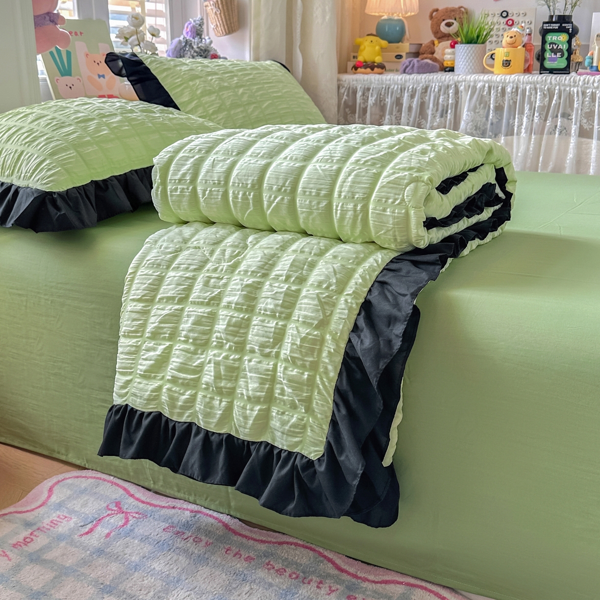 91家纺网 家纺一手货源 找家纺 优卡迪家纺馆 2026新款泡泡纱黑花边大豆夏被被子被芯下载文件包含买家秀 青柠蜜瓜