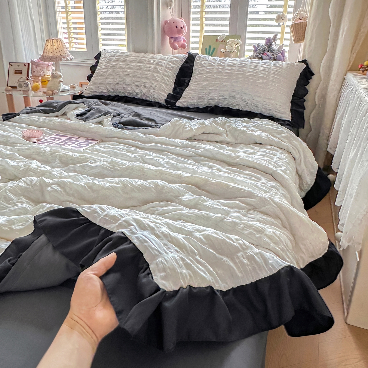 91家纺网 家纺一手货源 找家纺 优卡迪家纺馆 2026新款泡泡纱黑花边大豆夏被被子被芯下载文件包含买家秀 茉莉奶昔