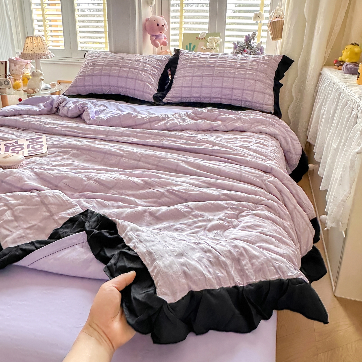 91家纺网 家纺一手货源 找家纺 优卡迪家纺馆 2026新款泡泡纱黑花边大豆夏被被子被芯下载文件包含买家秀 香芋紫薯