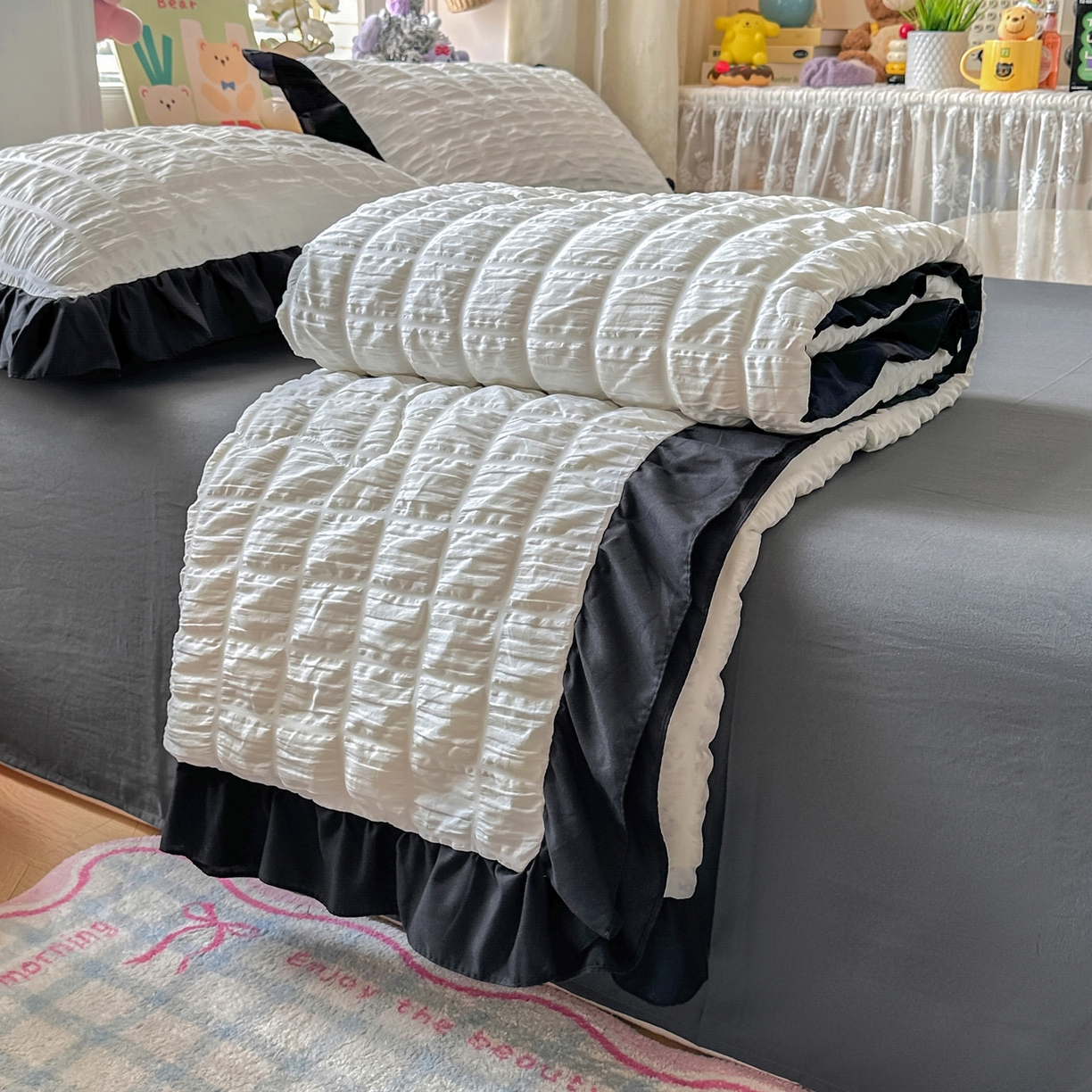 91家纺网 家纺一手货源 找家纺 优卡迪家纺馆 2026新款泡泡纱黑花边大豆夏被被子被芯下载文件包含买家秀 茉莉奶昔