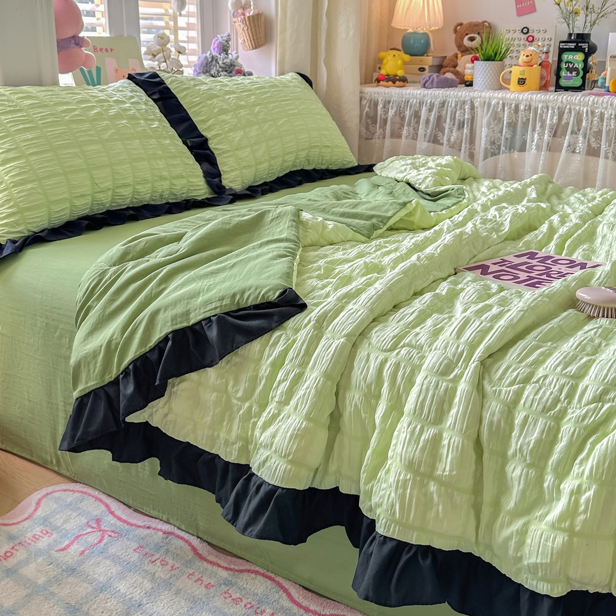 91家纺网 家纺一手货源 找家纺 优卡迪家纺馆 2026新款泡泡纱黑花边大豆夏被被子被芯下载文件包含买家秀 青柠蜜瓜