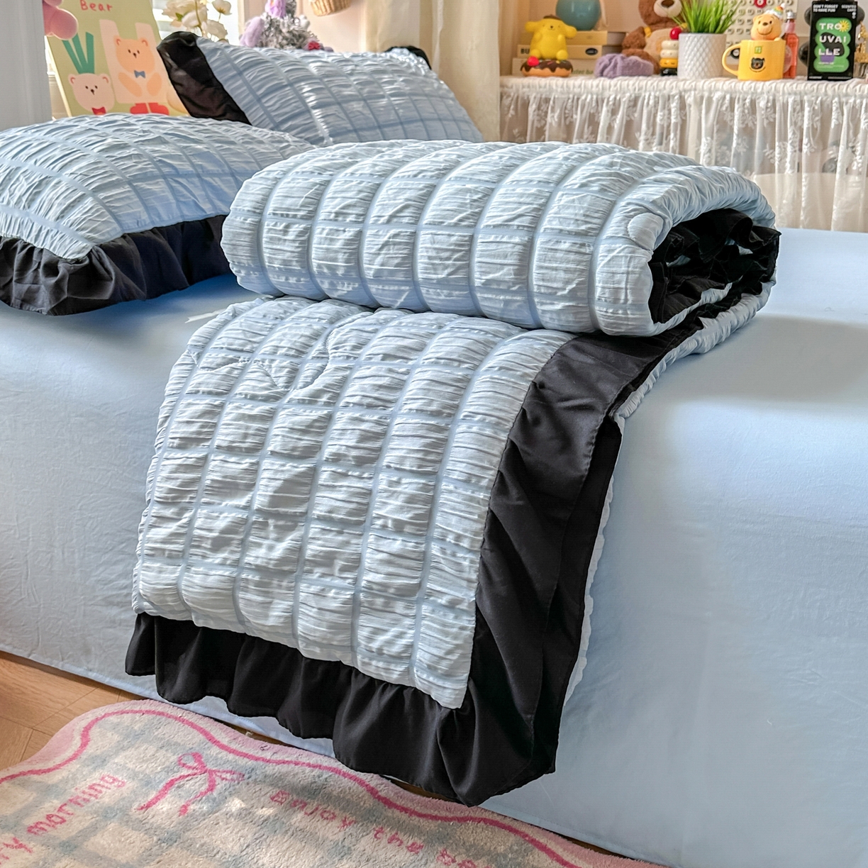 91家纺网 家纺一手货源 找家纺 优卡迪家纺馆 2026新款泡泡纱黑花边大豆夏被被子被芯下载文件包含买家秀 蓝莓仙草