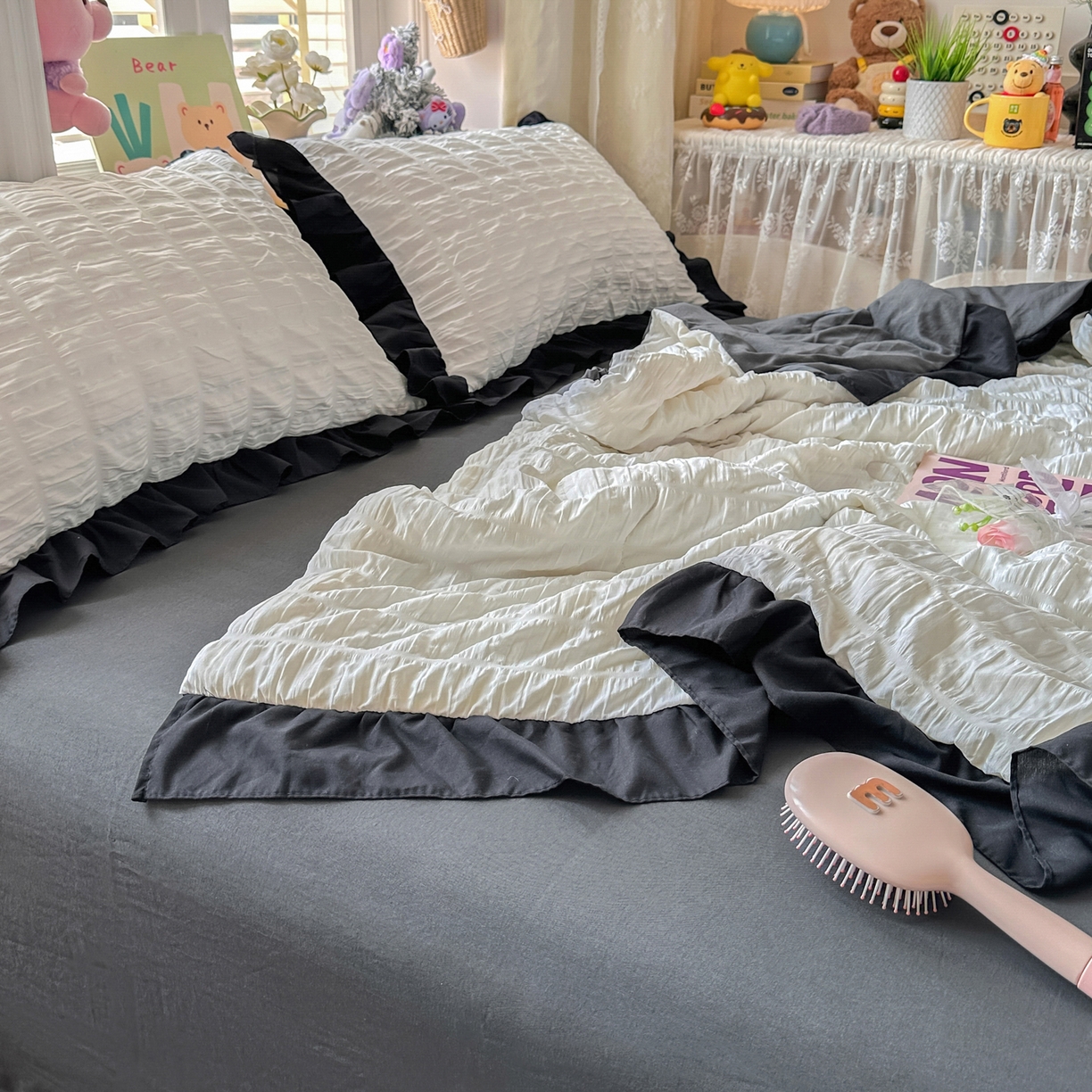 91家纺网 家纺一手货源 找家纺 优卡迪家纺馆 2026新款泡泡纱黑花边大豆夏被被子被芯下载文件包含买家秀 茉莉奶昔