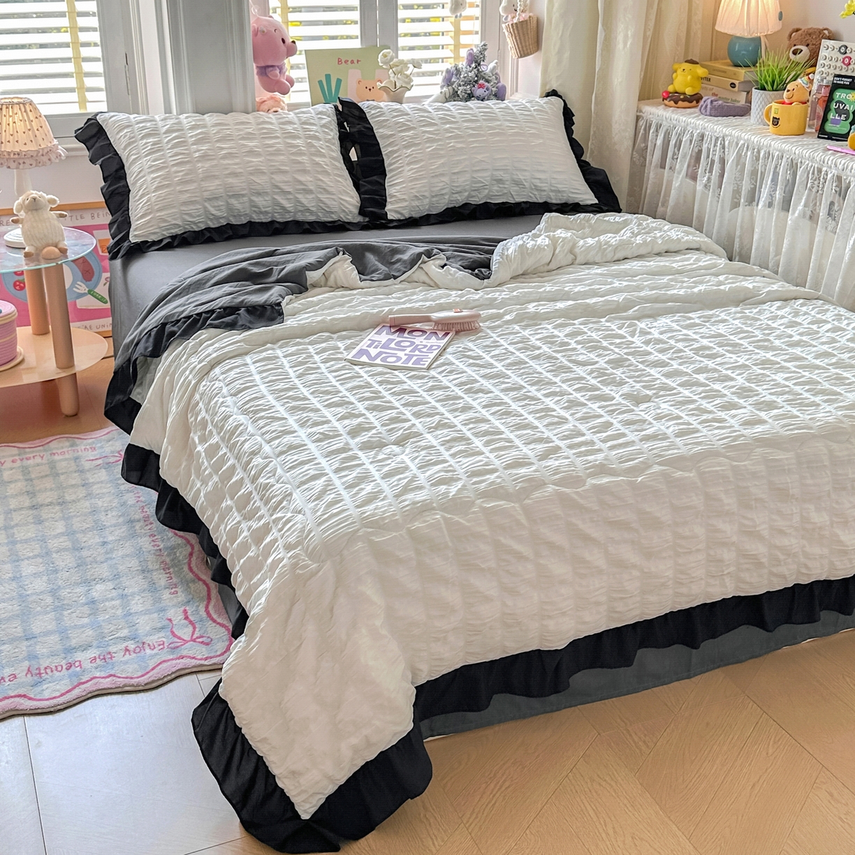 91家纺网 家纺一手货源 找家纺 优卡迪家纺馆 2026新款泡泡纱黑花边大豆夏被被子被芯下载文件包含买家秀 茉莉奶昔