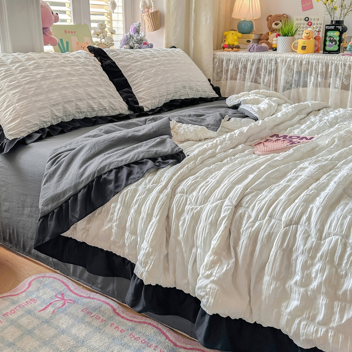 91家纺网 家纺一手货源 找家纺 优卡迪家纺馆 2026新款泡泡纱黑花边大豆夏被被子被芯下载文件包含买家秀 茉莉奶昔