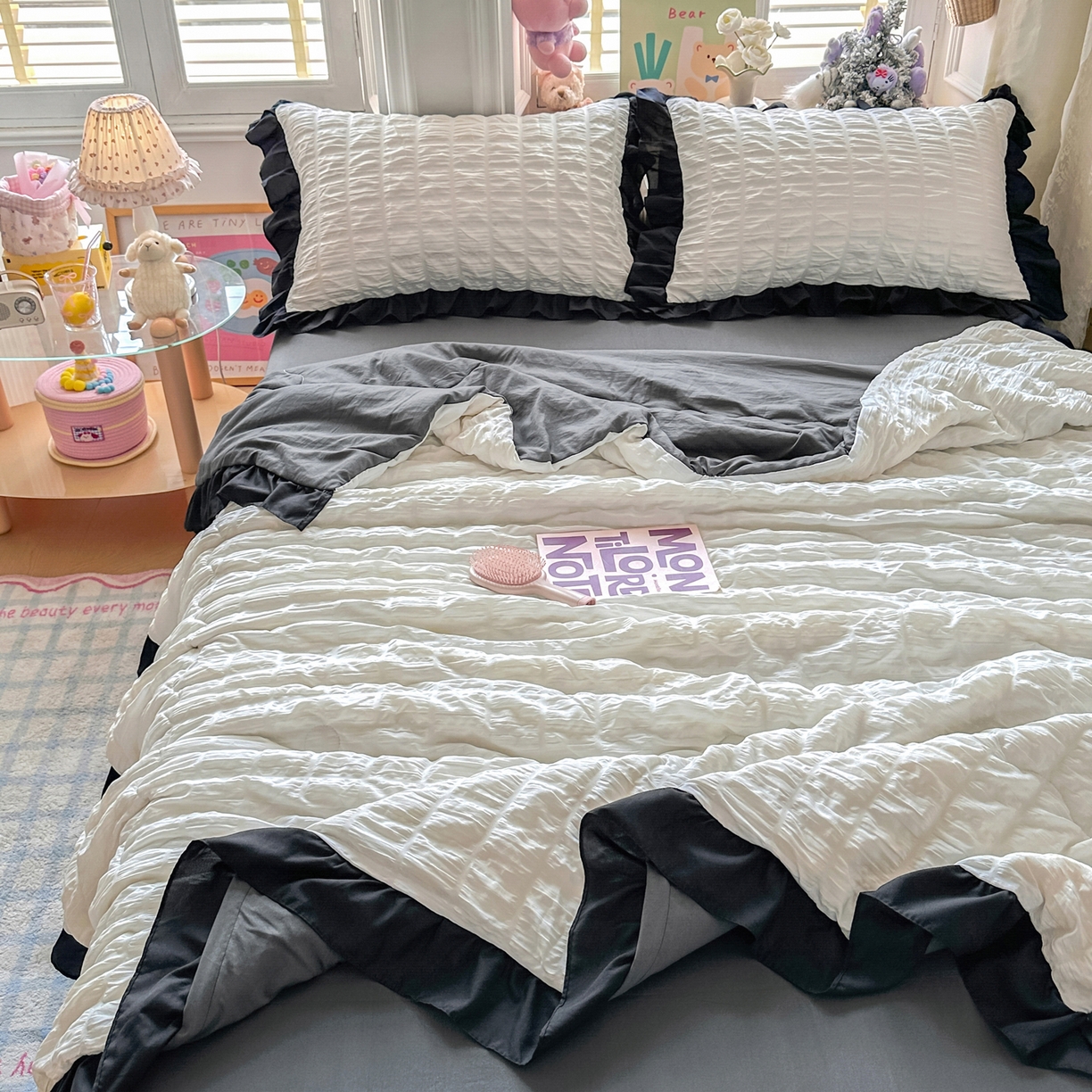 91家纺网 家纺一手货源 找家纺 优卡迪家纺馆 2026新款泡泡纱黑花边大豆夏被被子被芯下载文件包含买家秀 茉莉奶昔