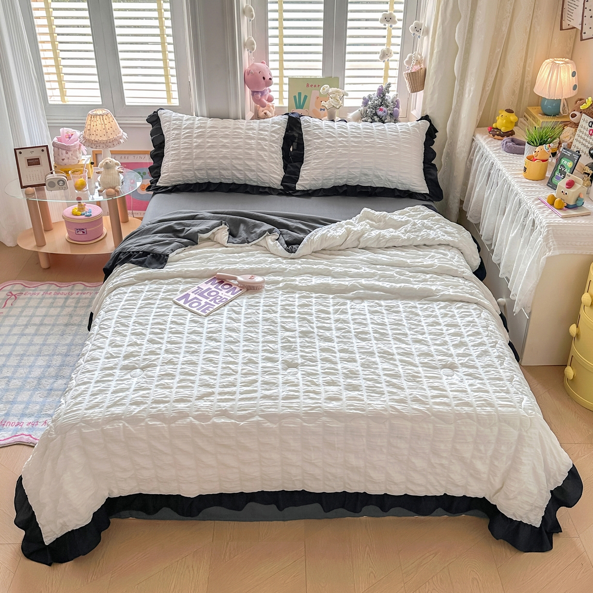 91家纺网 家纺一手货源 找家纺 优卡迪家纺馆 2026新款泡泡纱黑花边大豆夏被被子被芯下载文件包含买家秀 茉莉奶昔