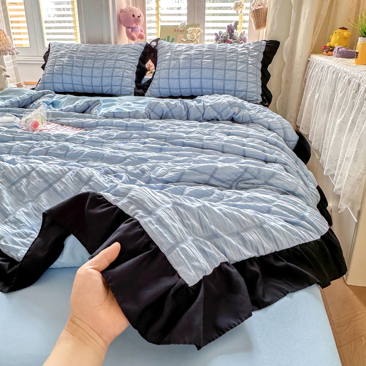 91家纺网 家纺一手货源 找家纺 优卡迪家纺馆 2026新款泡泡纱黑花边大豆夏被被子被芯下载文件包含买家秀 蓝莓仙草