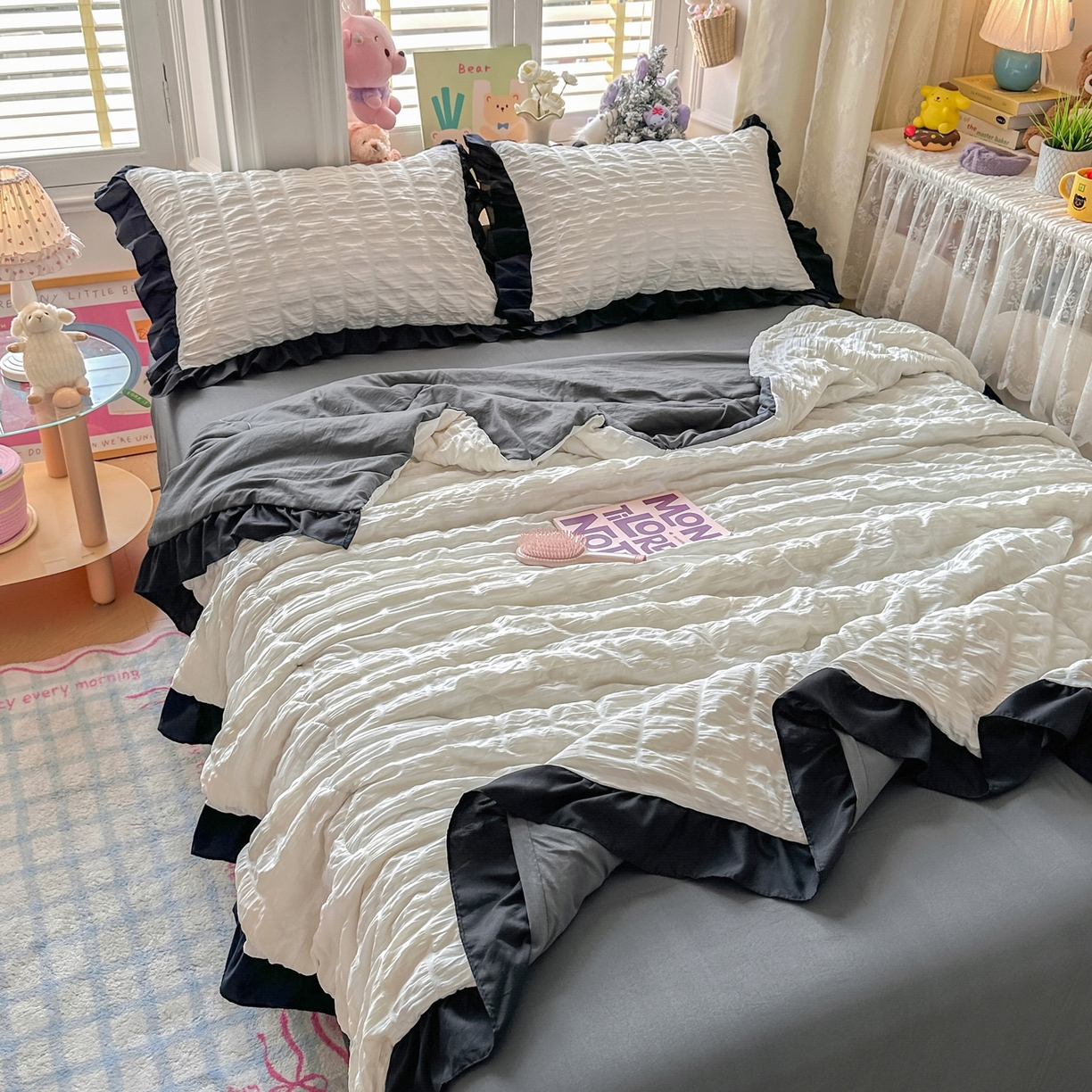 91家纺网 家纺一手货源 找家纺 优卡迪家纺馆 2026新款泡泡纱黑花边大豆夏被被子被芯下载文件包含买家秀 茉莉奶昔