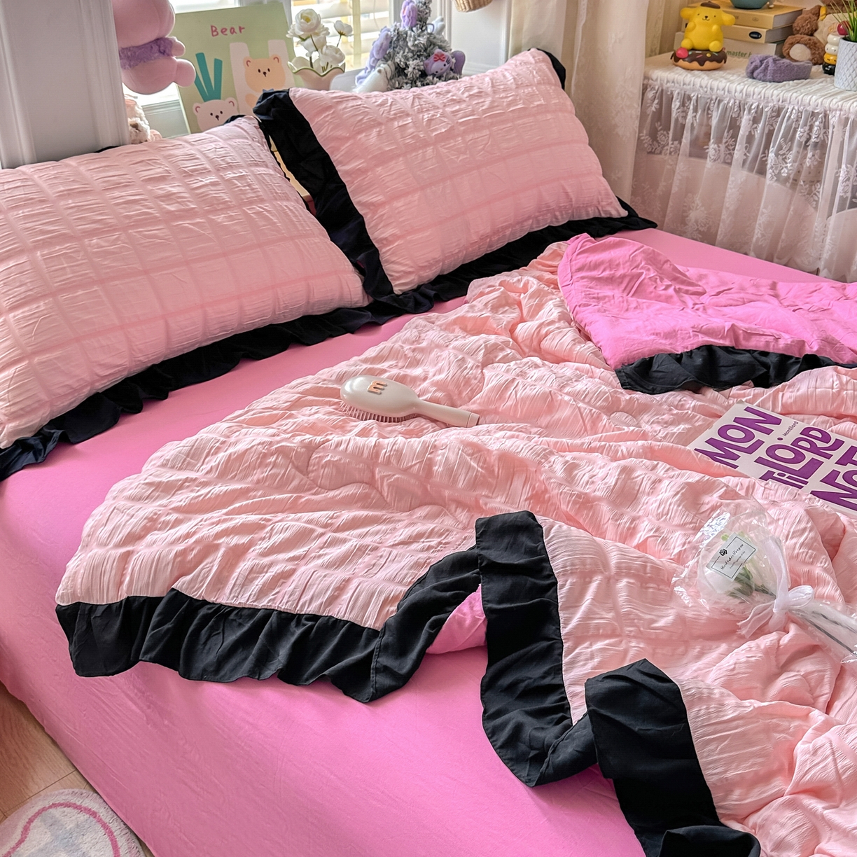 91家纺网 家纺一手货源 找家纺 优卡迪家纺馆 2026新款泡泡纱黑花边大豆夏被被子被芯下载文件包含买家秀 奶油蜜桃