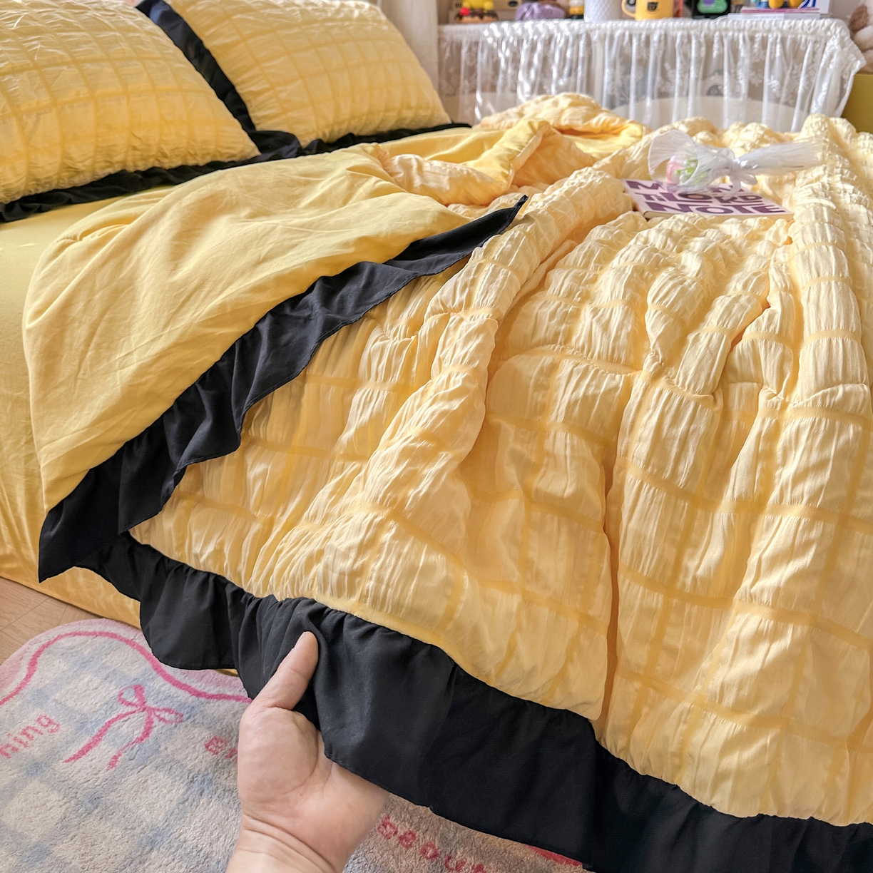 91家纺网 家纺一手货源 找家纺 优卡迪家纺馆 2026新款泡泡纱黑花边大豆夏被被子被芯下载文件包含买家秀 魔芋橙汁