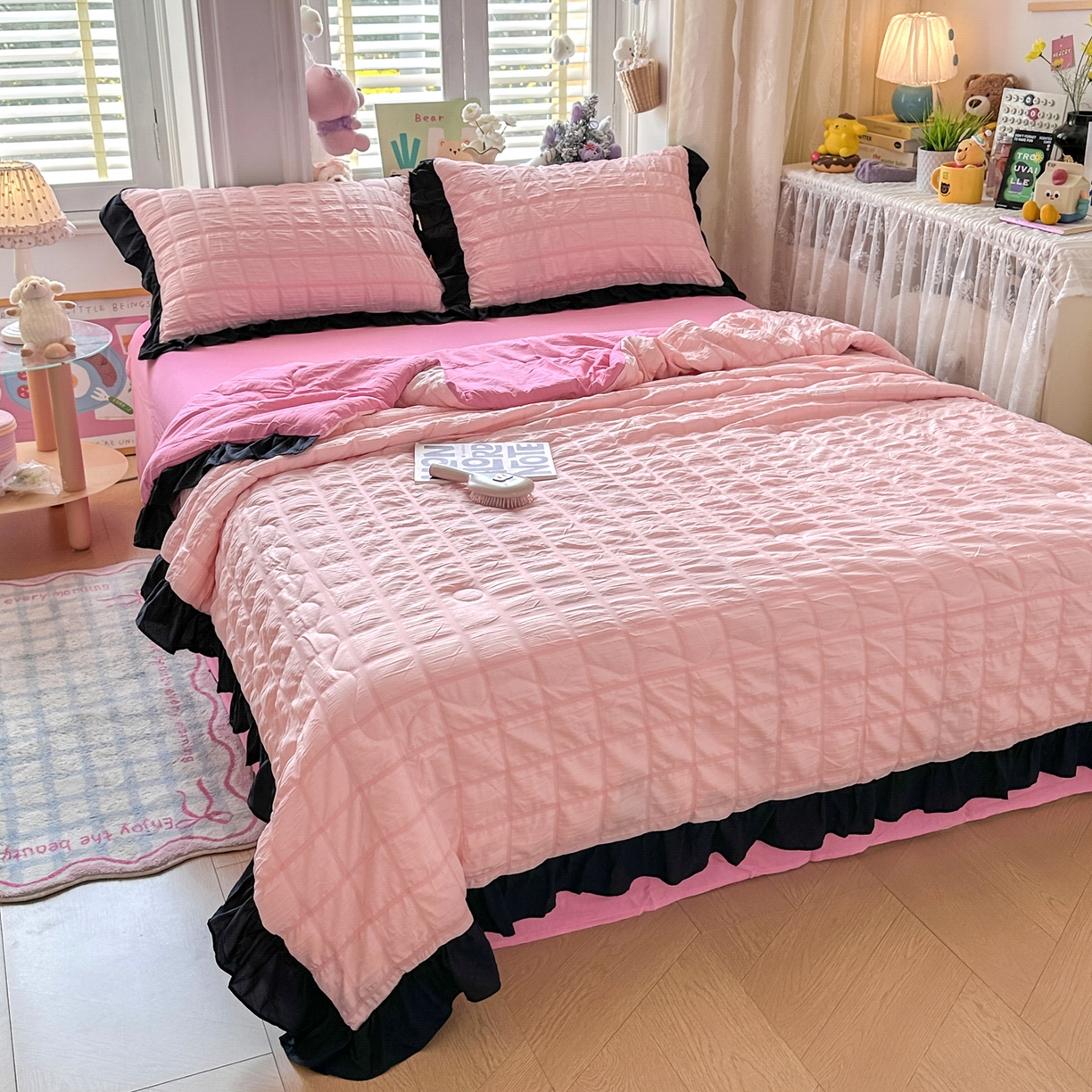 91家纺网 家纺一手货源 找家纺 优卡迪家纺馆 2026新款泡泡纱黑花边大豆夏被被子被芯下载文件包含买家秀 奶油蜜桃