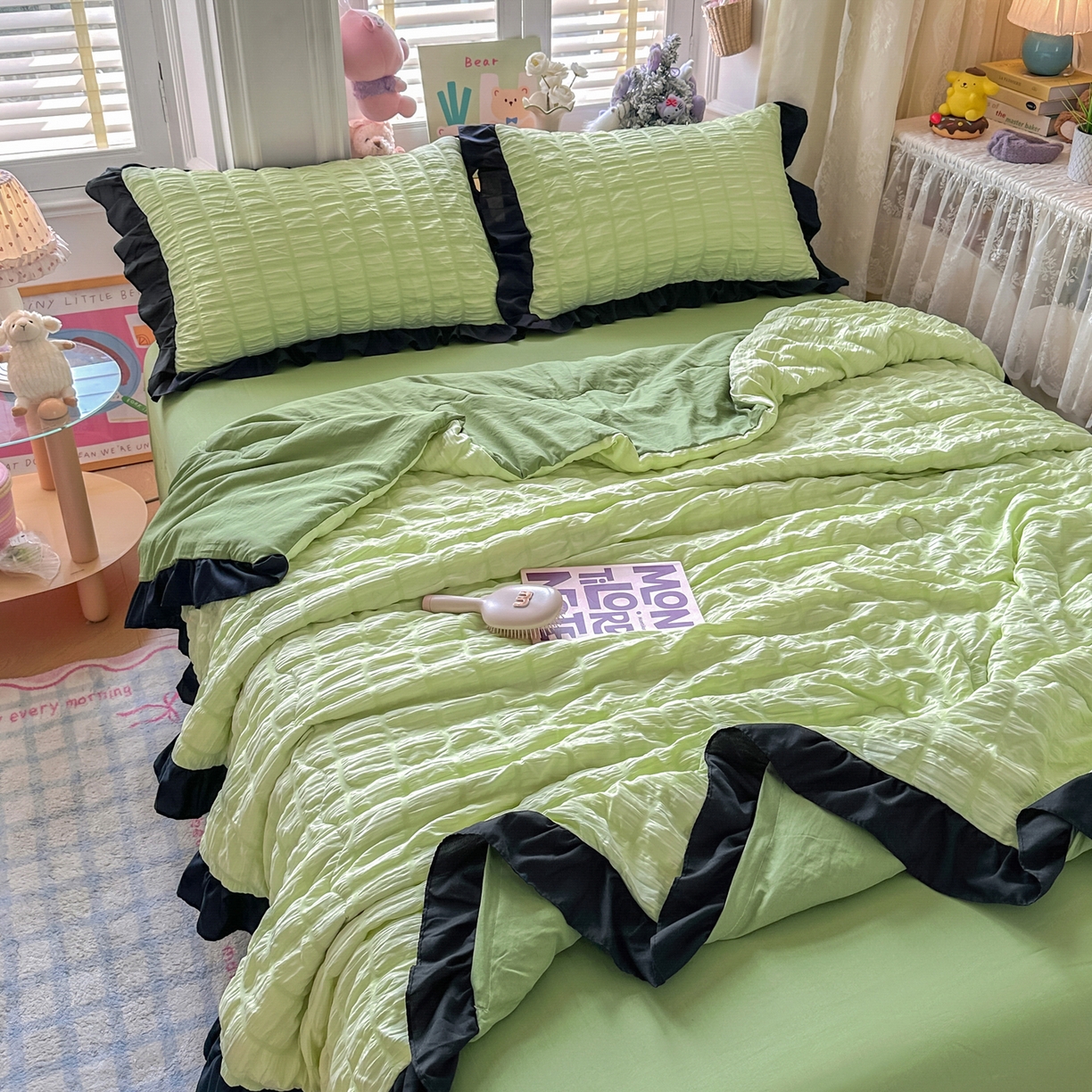 91家纺网 家纺一手货源 找家纺 优卡迪家纺馆 2026新款泡泡纱黑花边大豆夏被被子被芯下载文件包含买家秀 青柠蜜瓜