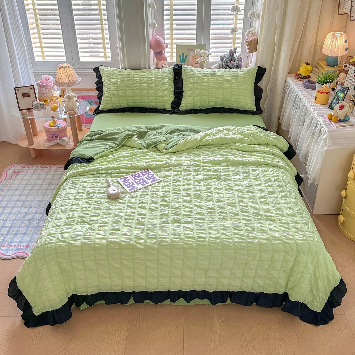 91家纺网 家纺一手货源 找家纺 优卡迪家纺馆 2026新款泡泡纱黑花边大豆夏被被子被芯下载文件包含买家秀 青柠蜜瓜