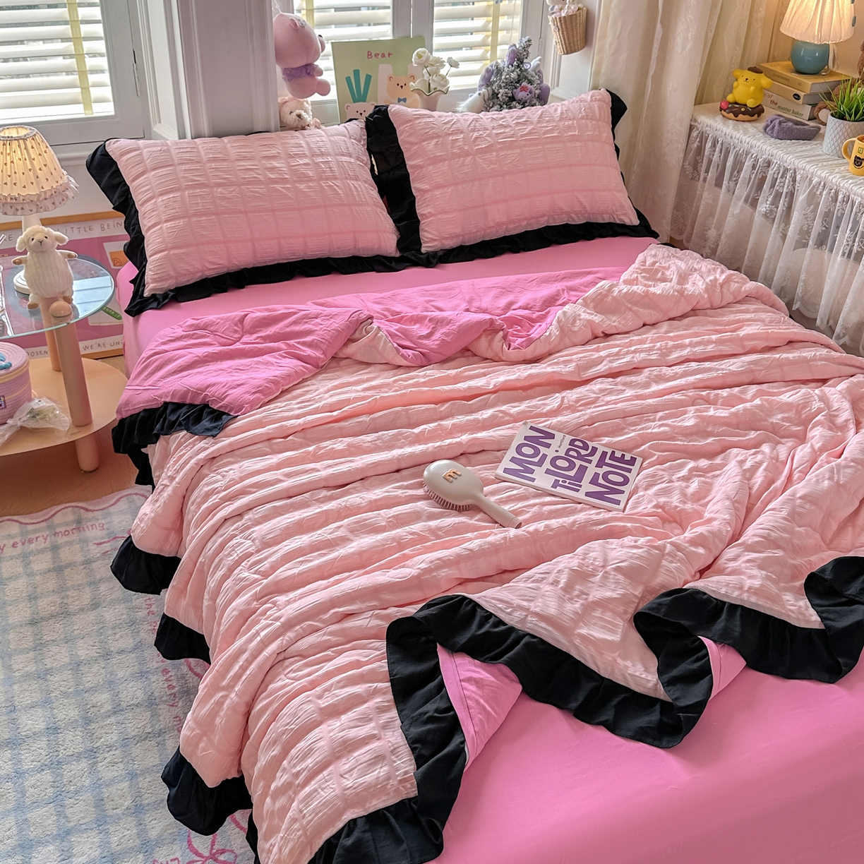 91家纺网 家纺一手货源 找家纺 优卡迪家纺馆 2026新款泡泡纱黑花边大豆夏被被子被芯下载文件包含买家秀 奶油蜜桃