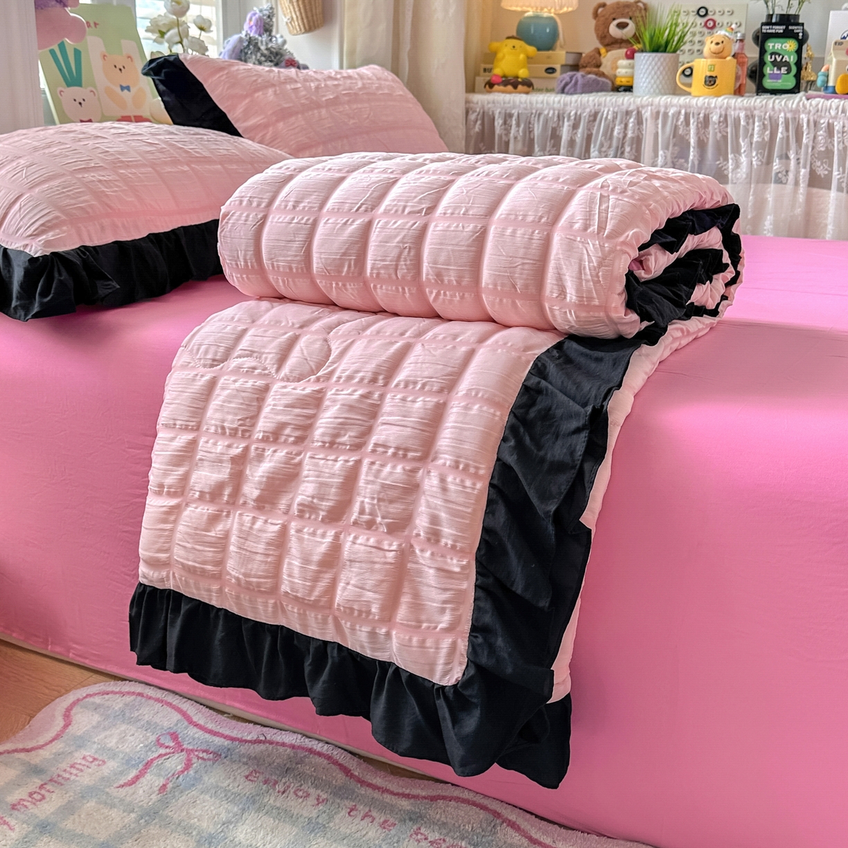 91家纺网 家纺一手货源 找家纺 优卡迪家纺馆 2026新款泡泡纱黑花边大豆夏被被子被芯下载文件包含买家秀 奶油蜜桃