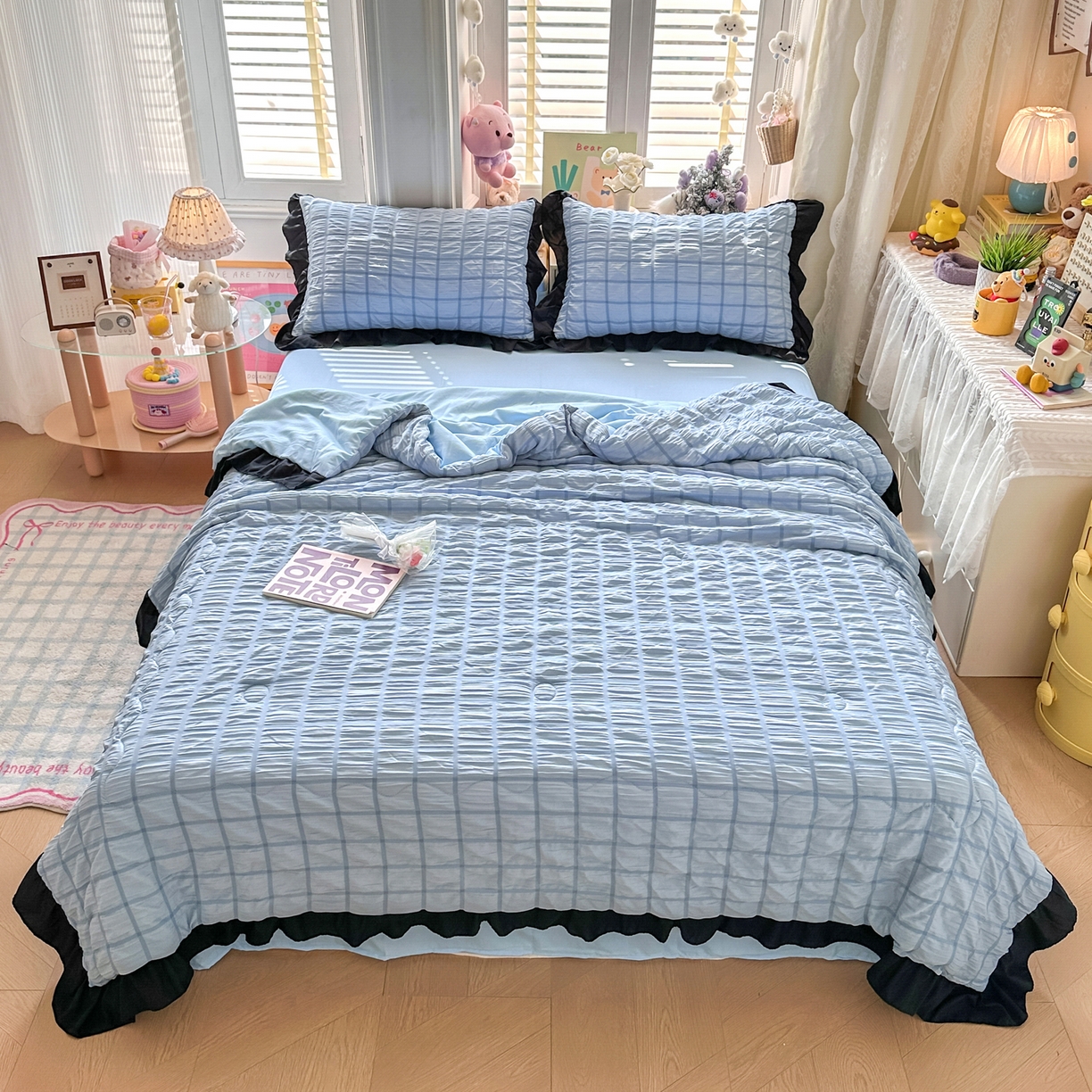 91家纺网 家纺一手货源 找家纺 优卡迪家纺馆 2026新款泡泡纱黑花边大豆夏被被子被芯下载文件包含买家秀 蓝莓仙草