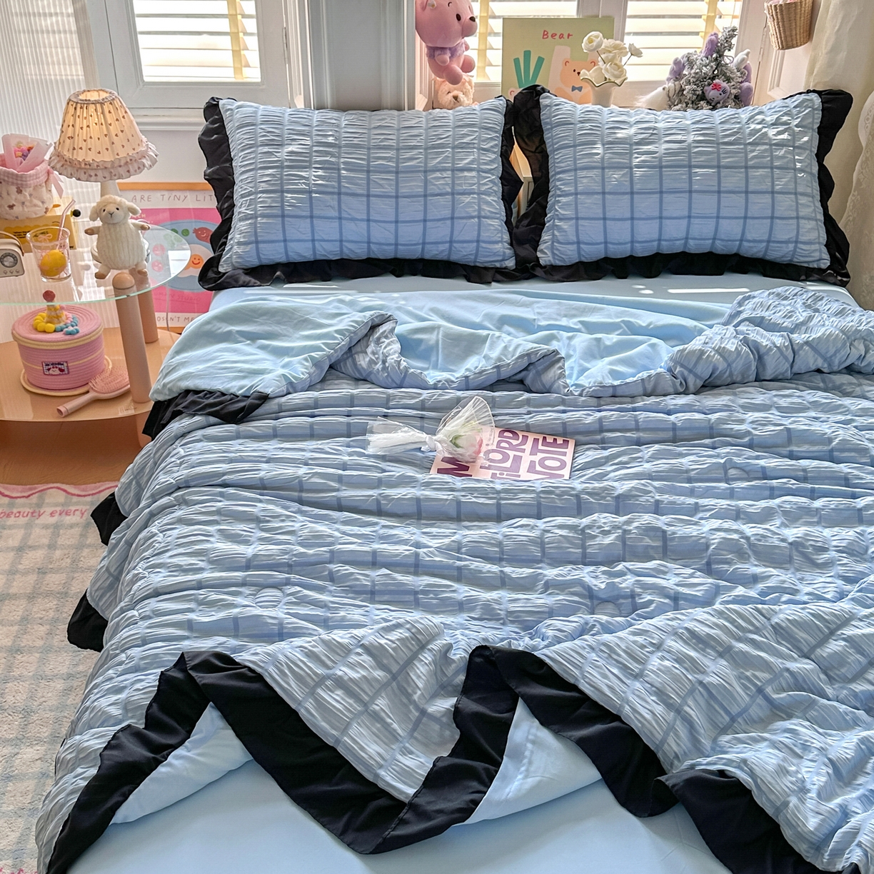 91家纺网 家纺一手货源 找家纺 优卡迪家纺馆 2026新款泡泡纱黑花边大豆夏被被子被芯下载文件包含买家秀 蓝莓仙草