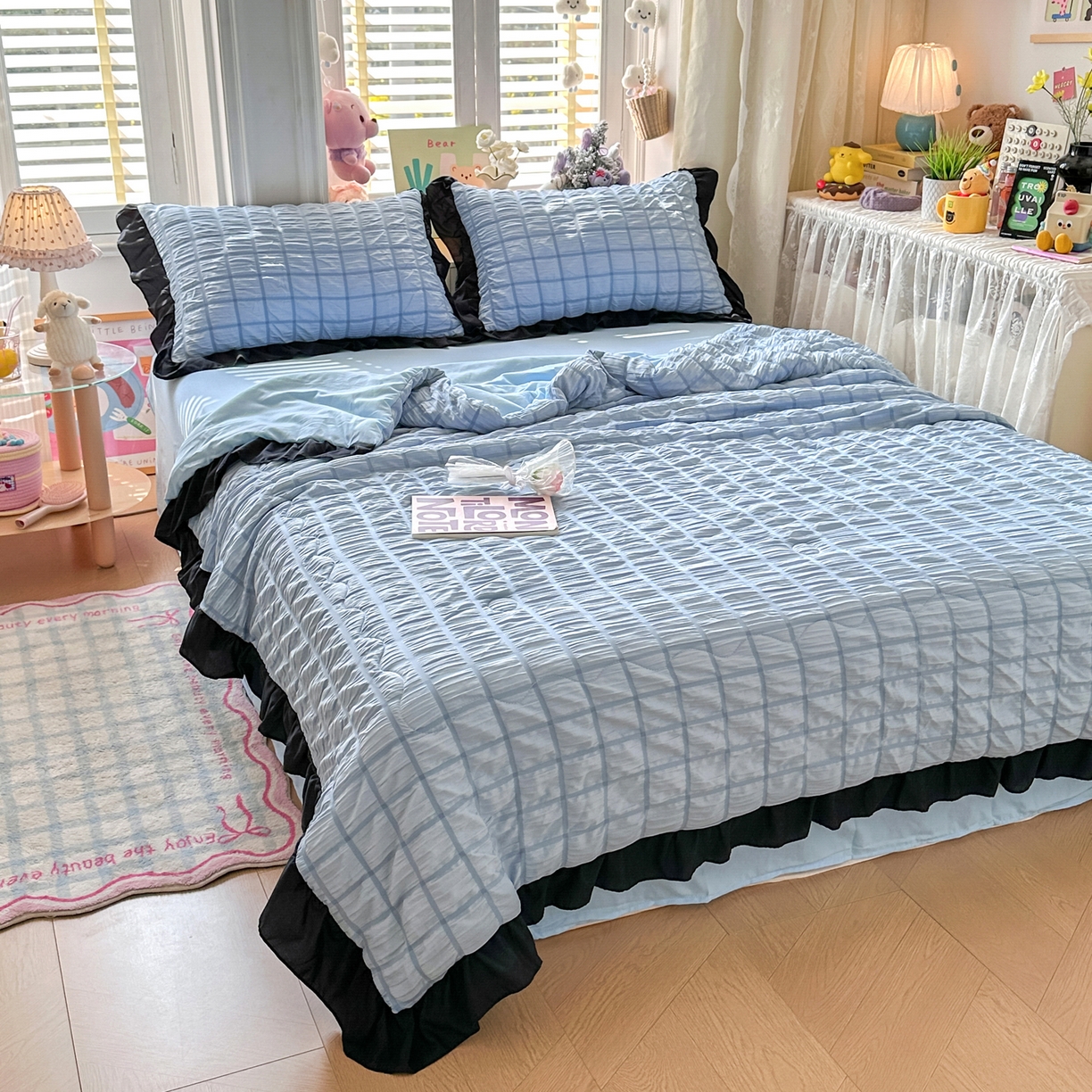 91家纺网 家纺一手货源 找家纺 优卡迪家纺馆 2026新款泡泡纱黑花边大豆夏被被子被芯下载文件包含买家秀 蓝莓仙草