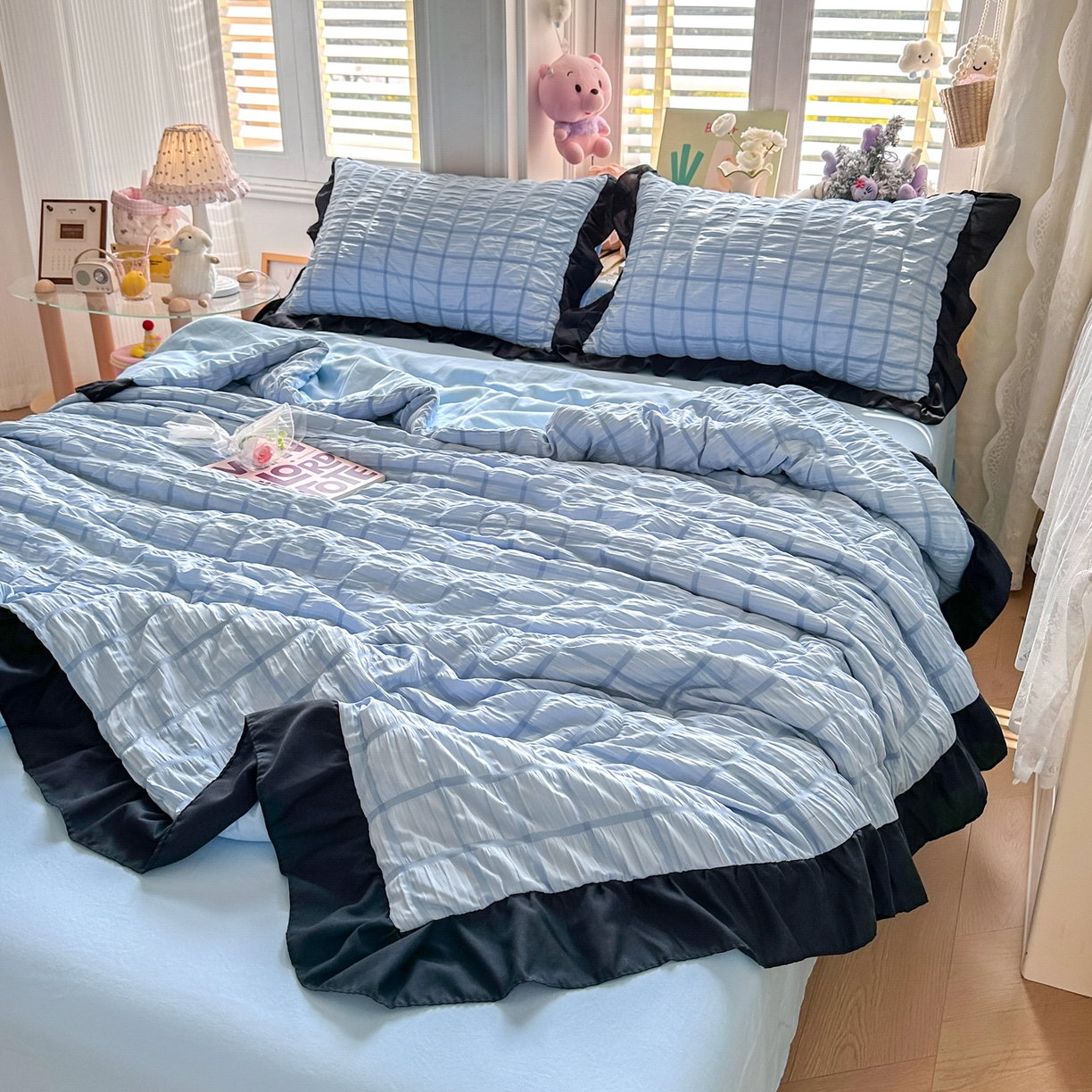 91家纺网 家纺一手货源 找家纺 优卡迪家纺馆 2026新款泡泡纱黑花边大豆夏被被子被芯下载文件包含买家秀 蓝莓仙草