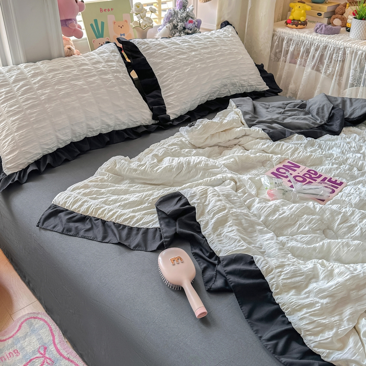 91家纺网 家纺一手货源 找家纺 优卡迪家纺馆 2026新款泡泡纱黑花边大豆夏被被子被芯下载文件包含买家秀 茉莉奶昔